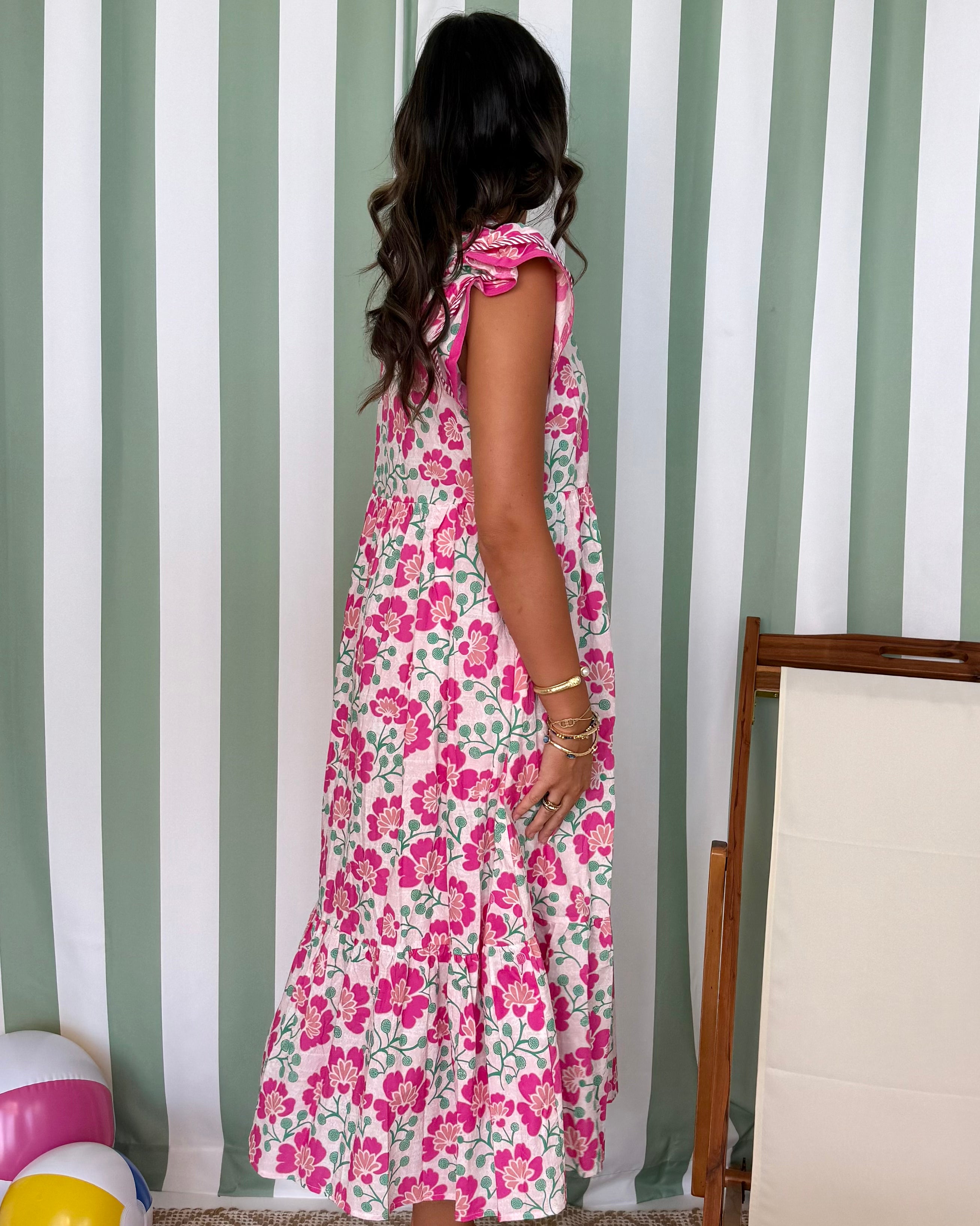 Pretty Moment Pink Floral Flutter Midi Dress-Shop-Womens-Boutique-Clothing
