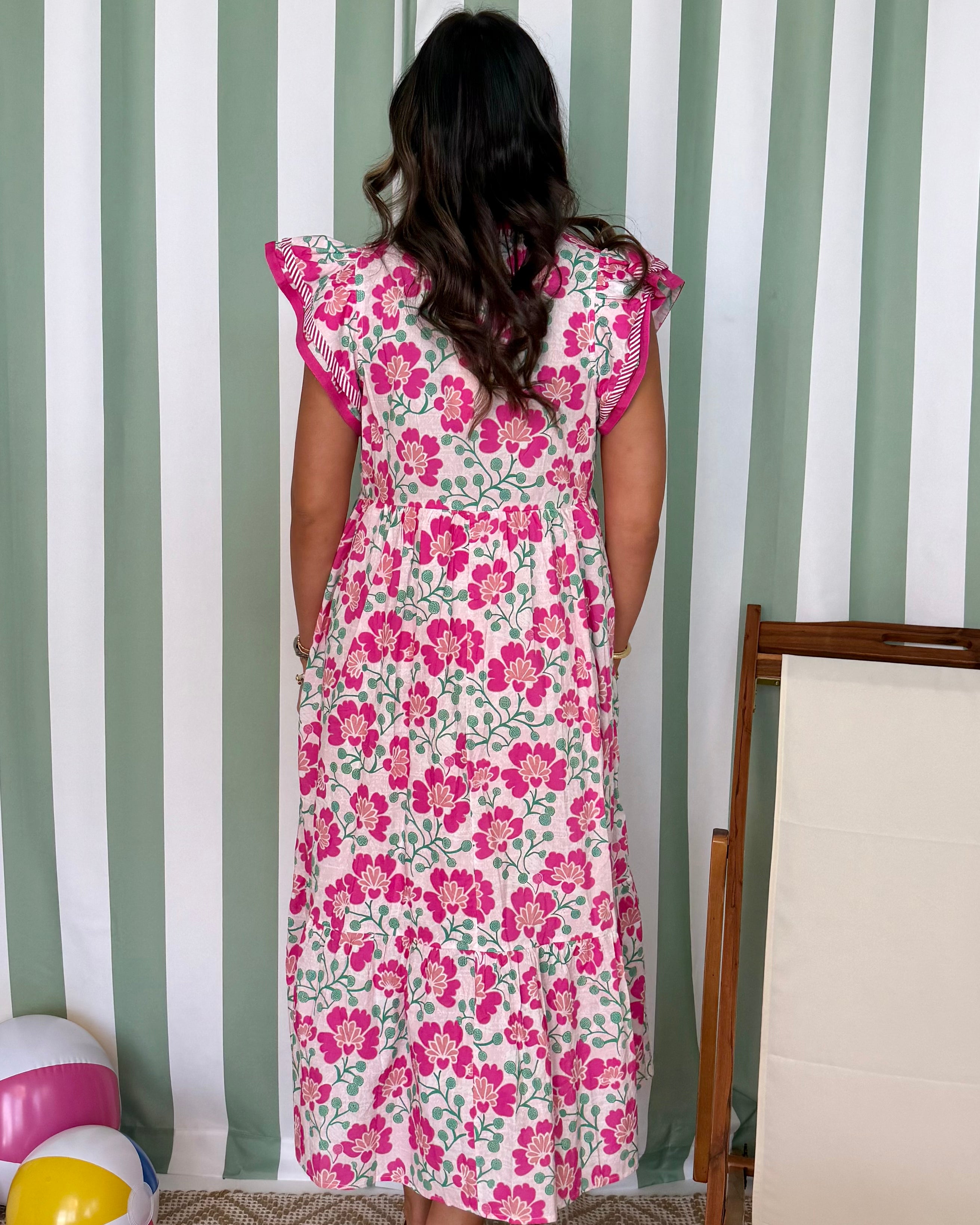 Pretty Moment Pink Floral Flutter Midi Dress-Shop-Womens-Boutique-Clothing