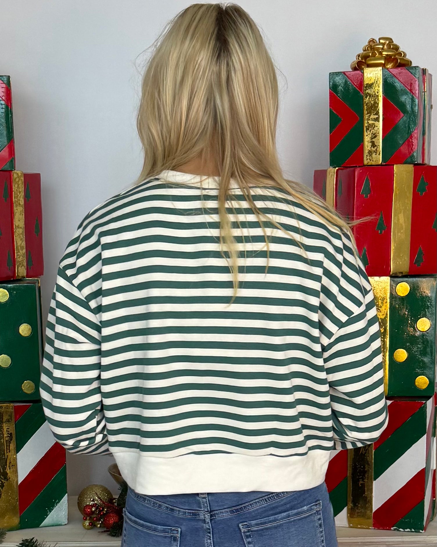 Season Of Giving Hunter/Red Stripe Ribbon Top-Shop-Womens-Boutique-Clothing