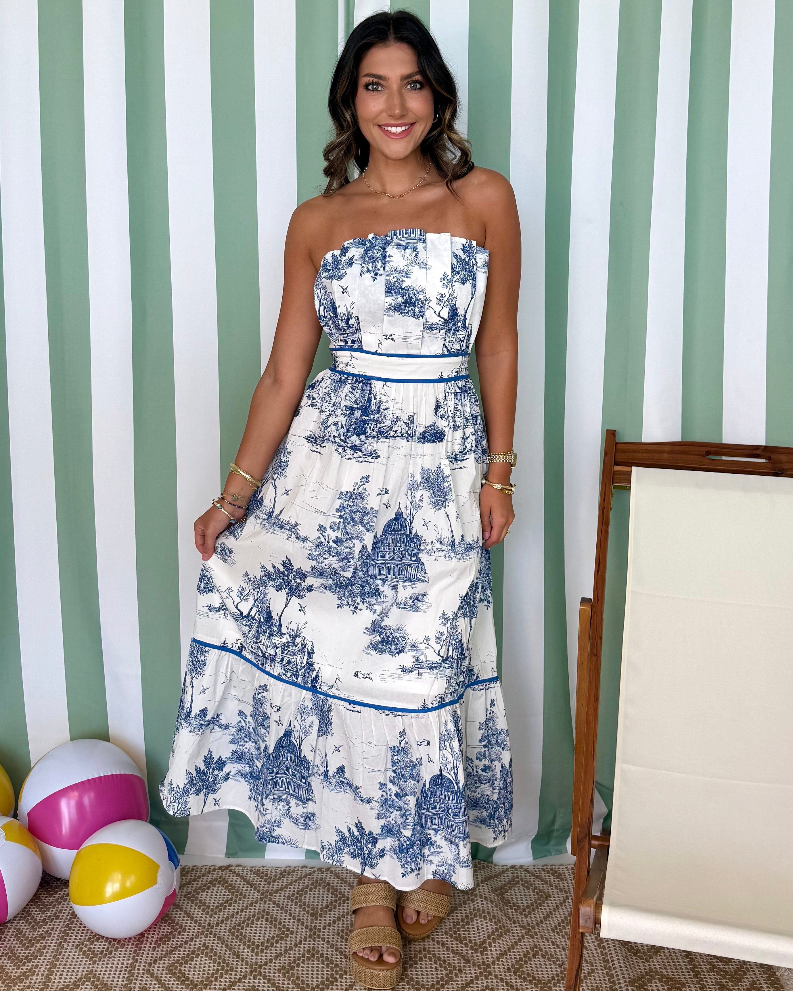 Always Been You Blue Strapless Toile Dress-Shop-Womens-Boutique-Clothing