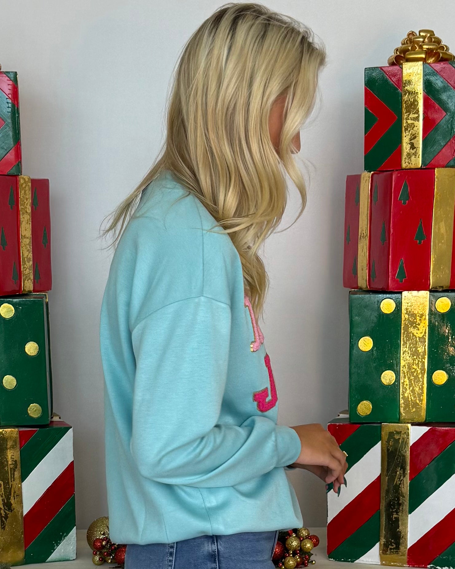 Holiday Magic Light Blue Holly Jolly Sweatshirt-Shop-Womens-Boutique-Clothing