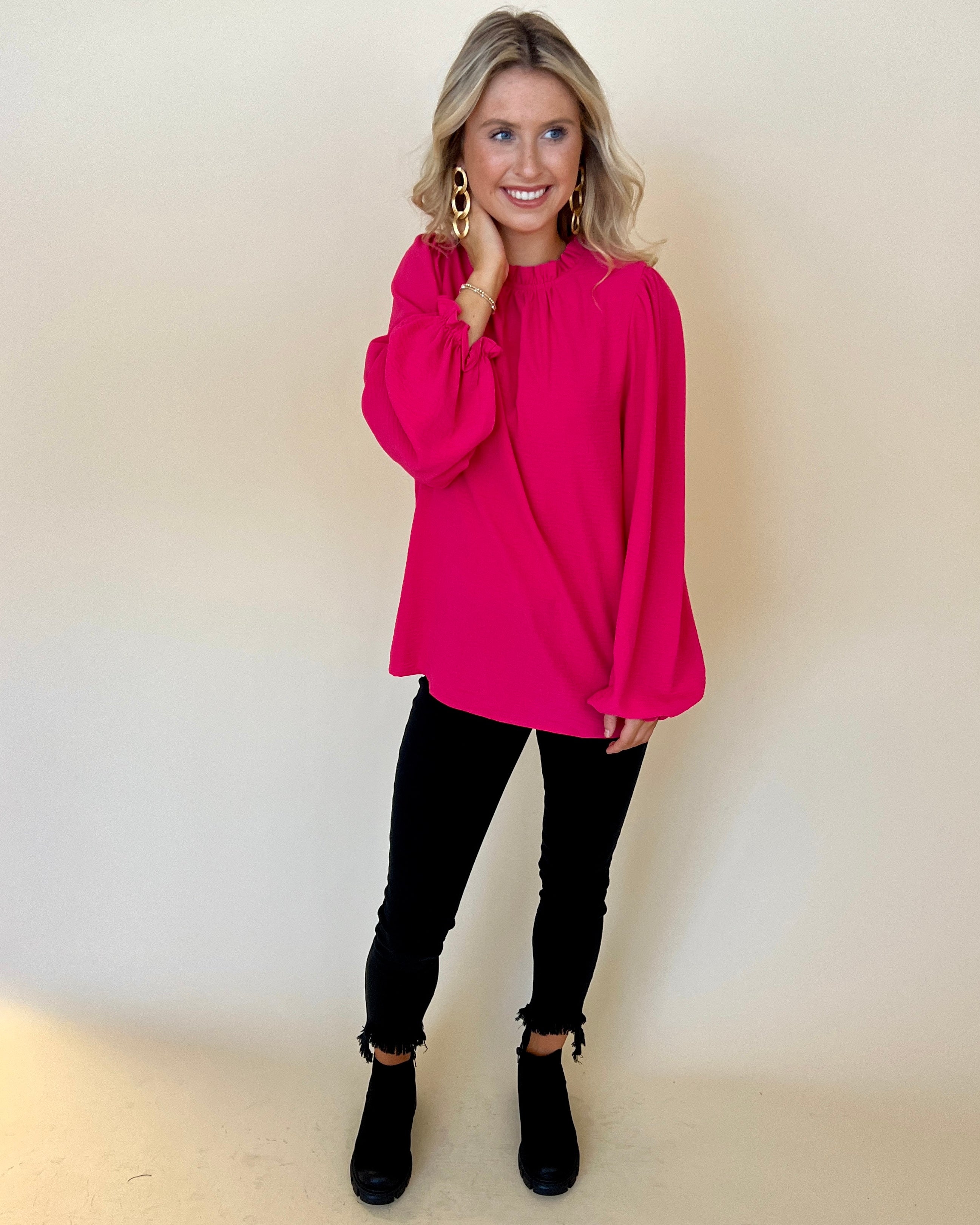 Just Right Fuchsia Ruffle Top-Shop-Womens-Boutique-Clothing