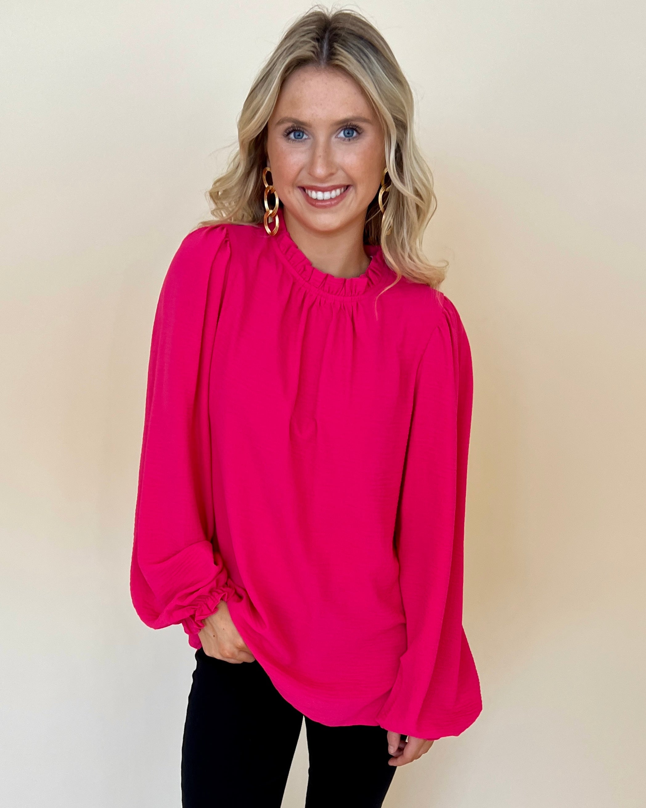 Just Right Fuchsia Ruffle Top-Shop-Womens-Boutique-Clothing