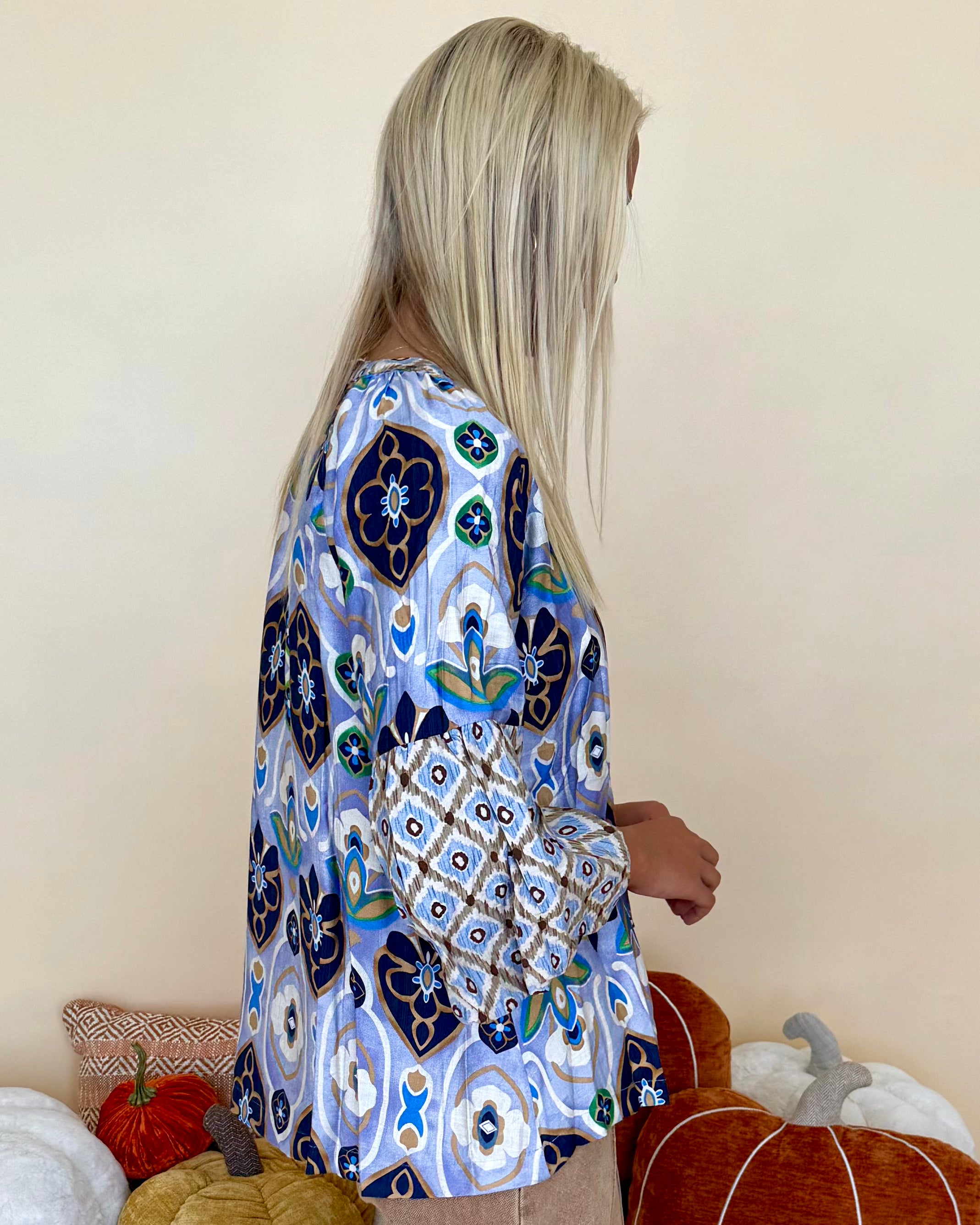 The Meantime Blue Mix Abstract Tie Top-Shop-Womens-Boutique-Clothing