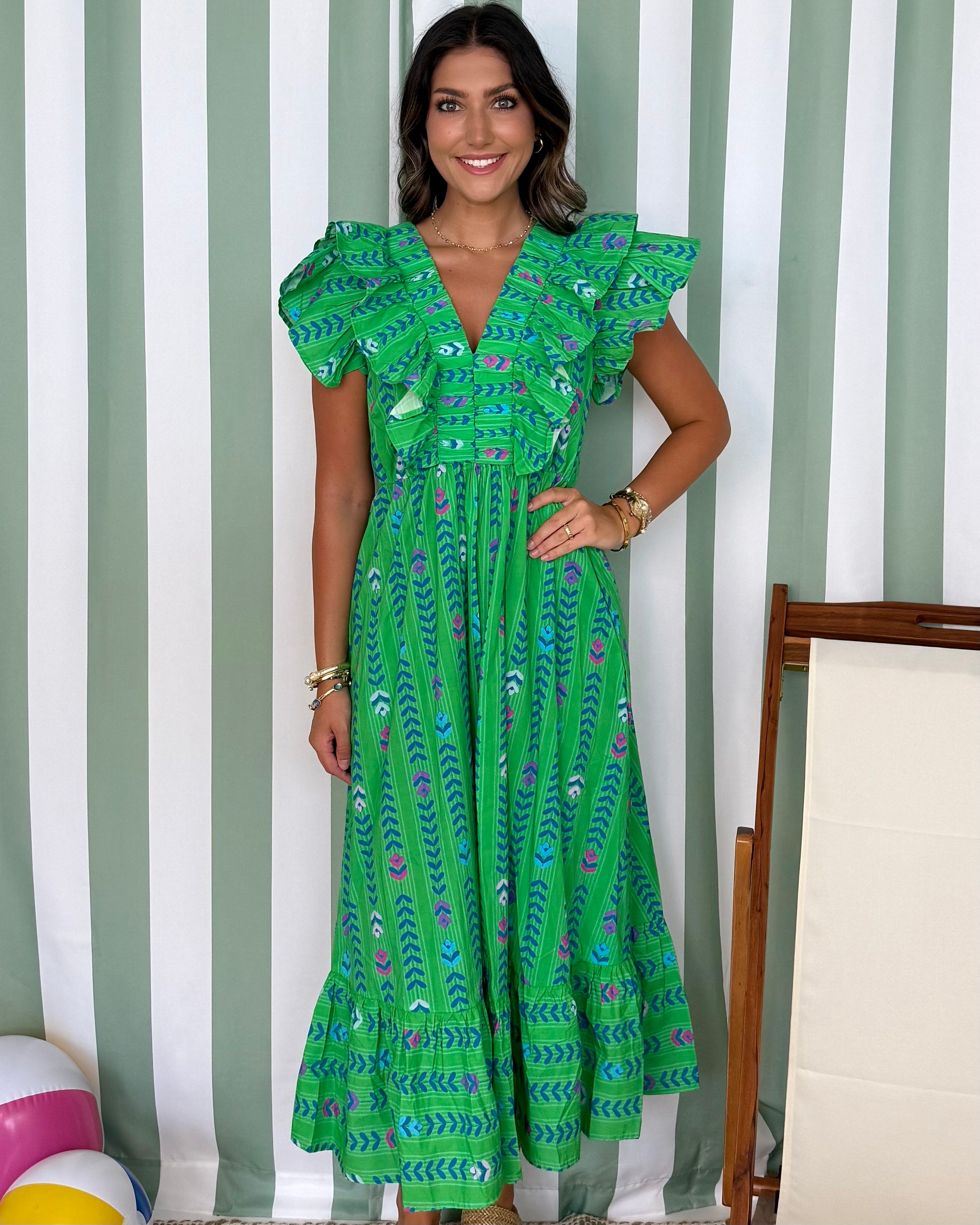 Sweet Intentions Green Floral Print Ruffle Dress-Shop-Womens-Boutique-Clothing