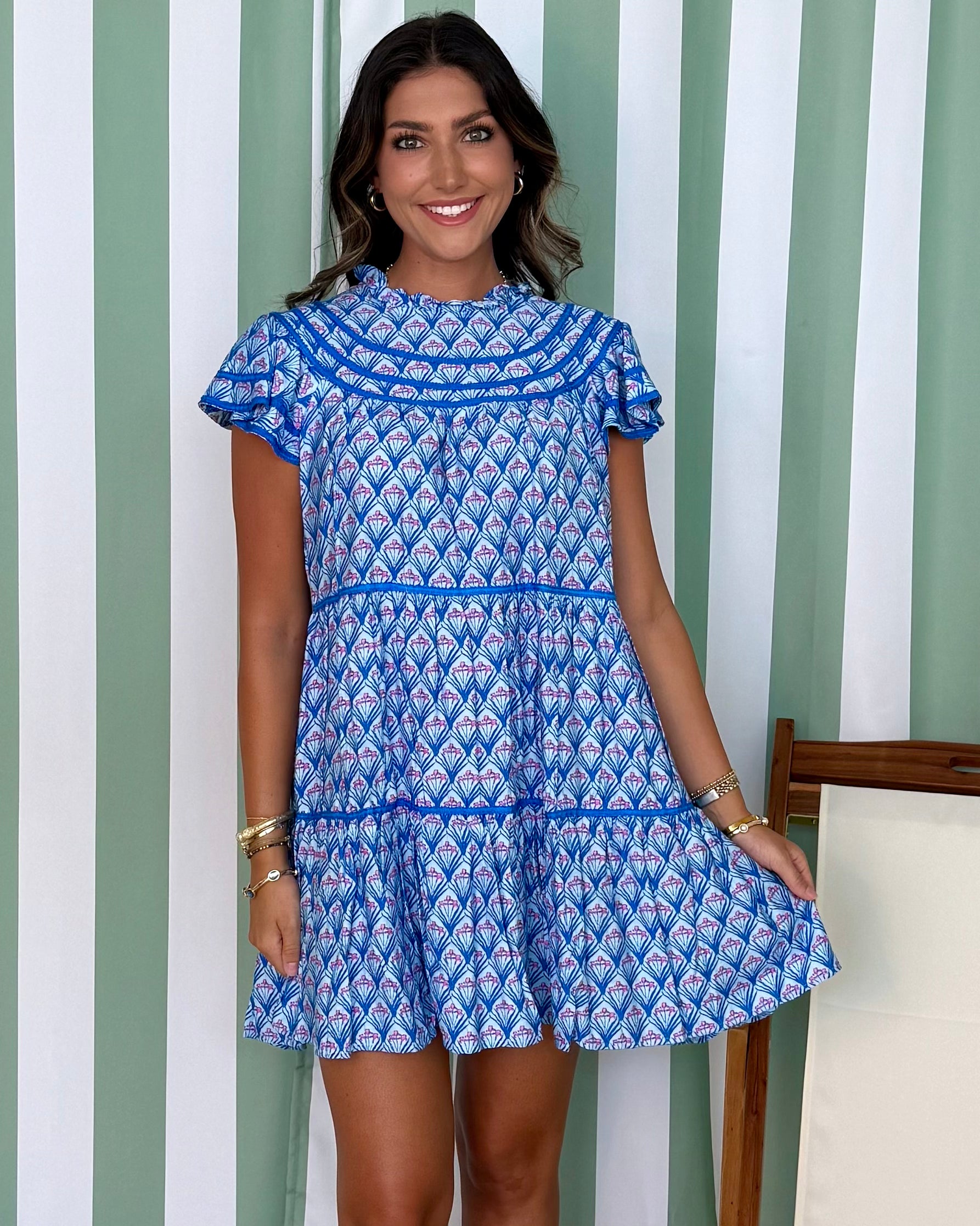Sunset Chaser Blue Mix Print Ruffle Dress-Shop-Womens-Boutique-Clothing