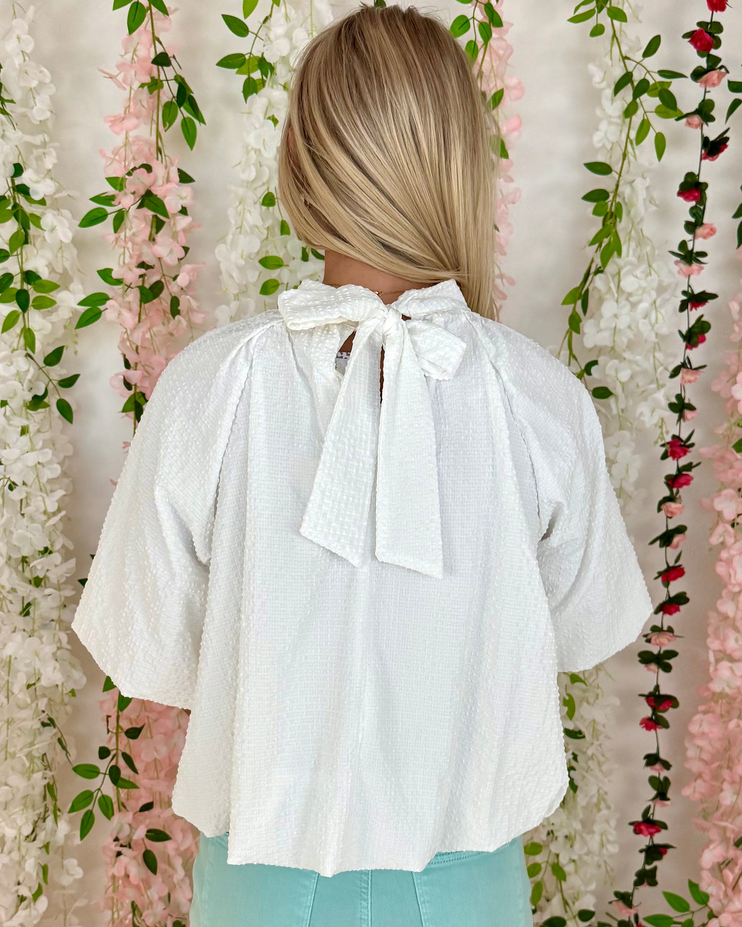 Stars Ahead Ivory Textured Bow Top-Shop-Womens-Boutique-Clothing