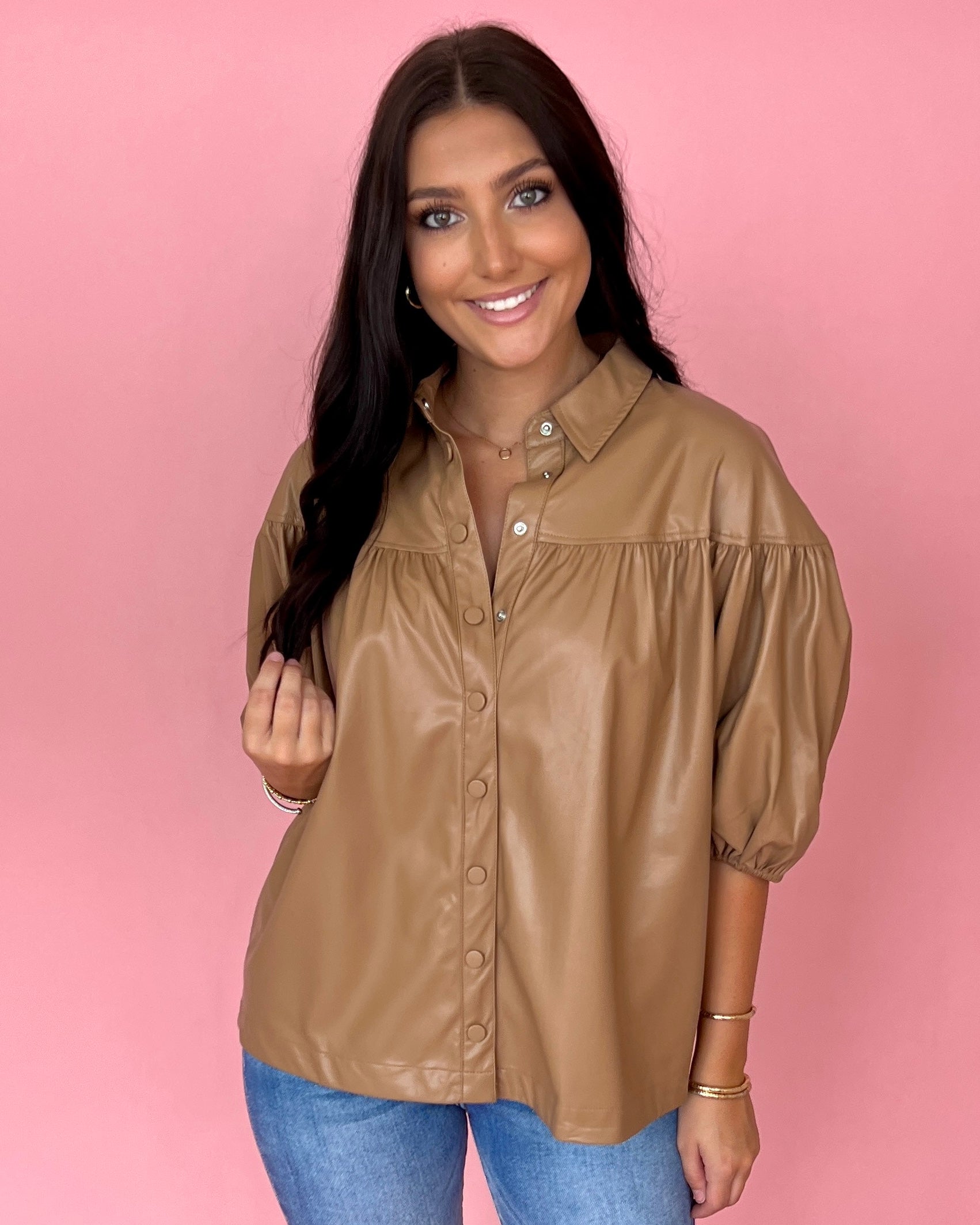Be The First Camel Faux Leather Button Down Yoke Top-Shop-Womens-Boutique-Clothing