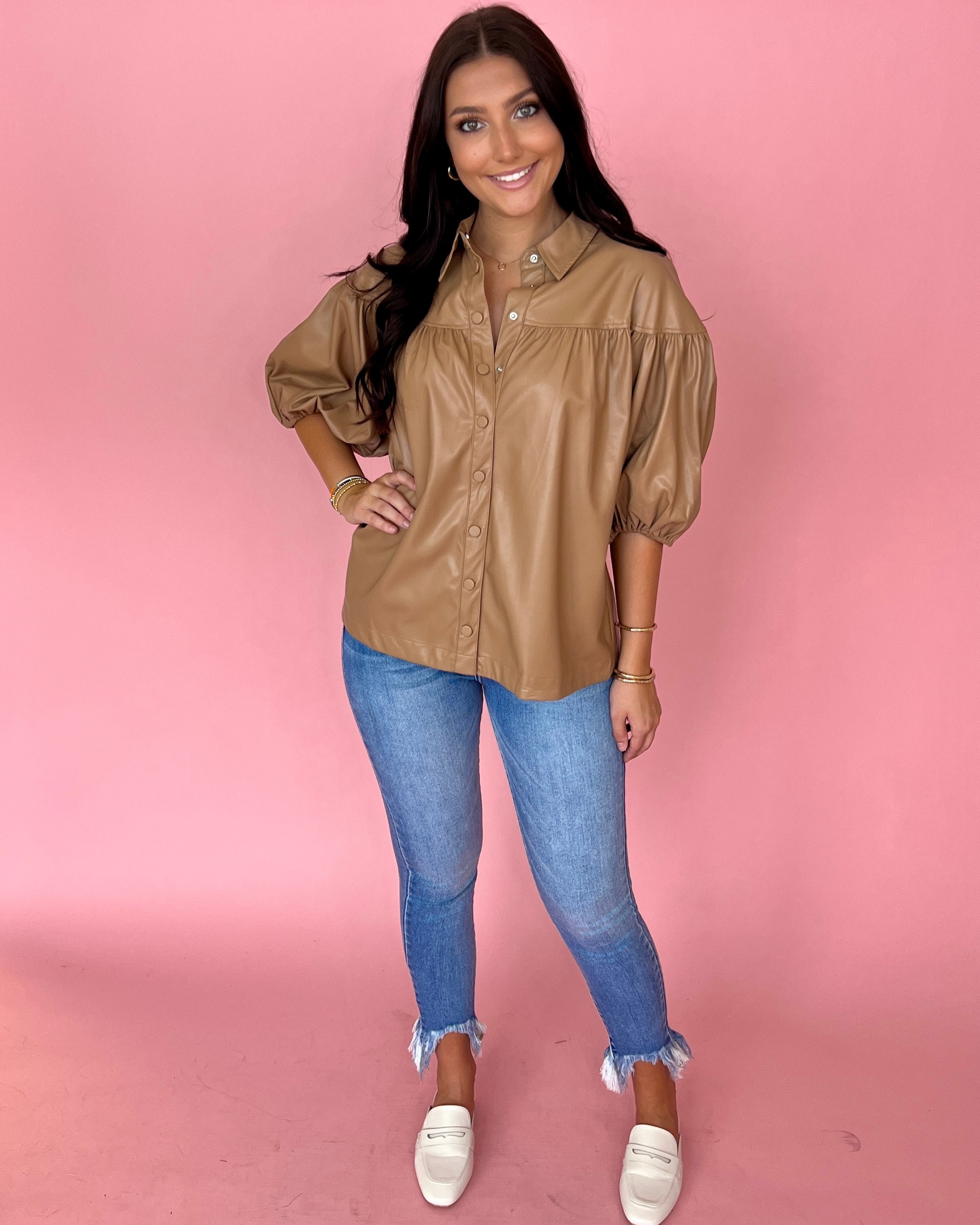 Be The First Camel Faux Leather Button Down Yoke Top-Shop-Womens-Boutique-Clothing