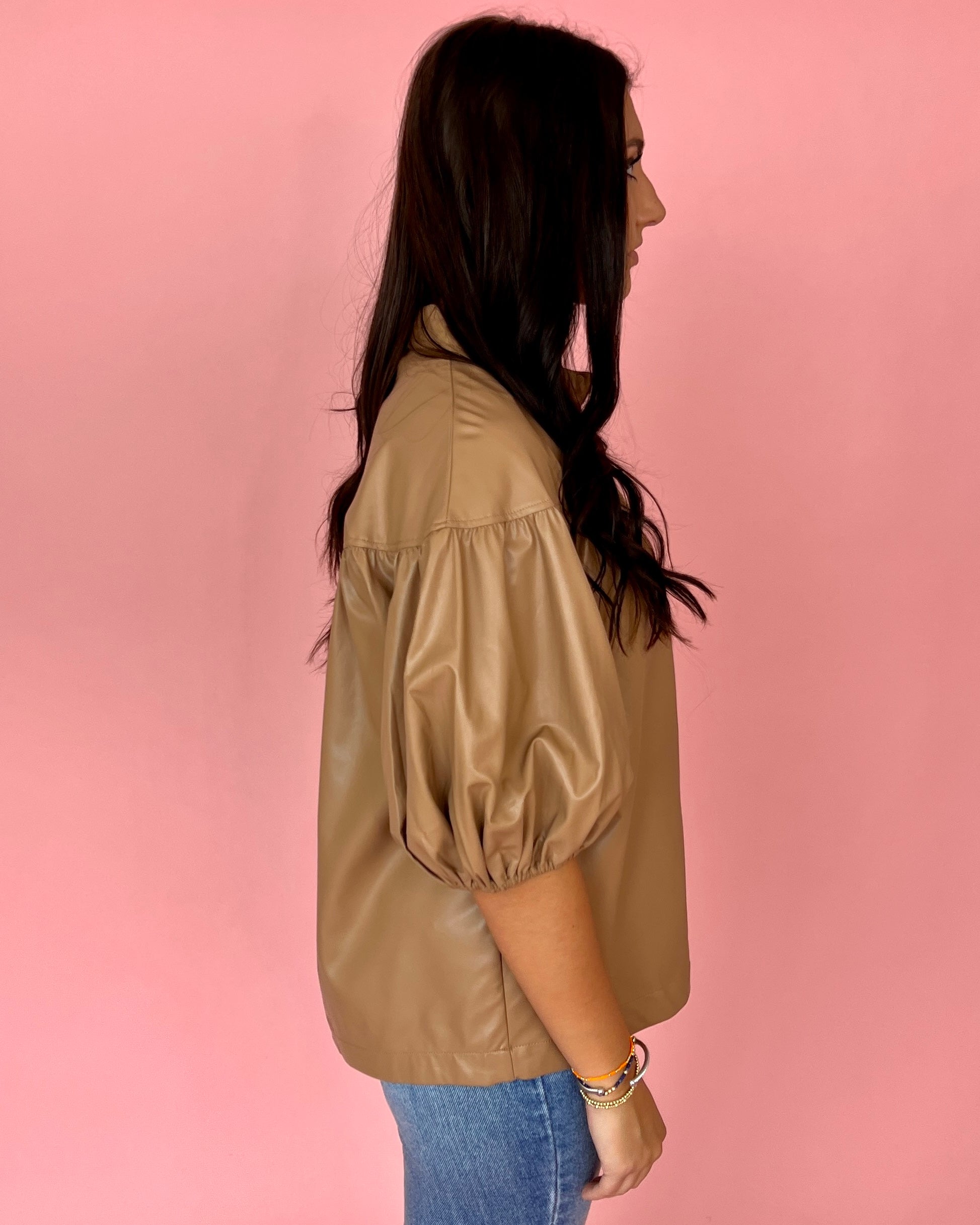 Be The First Camel Faux Leather Button Down Yoke Top-Shop-Womens-Boutique-Clothing