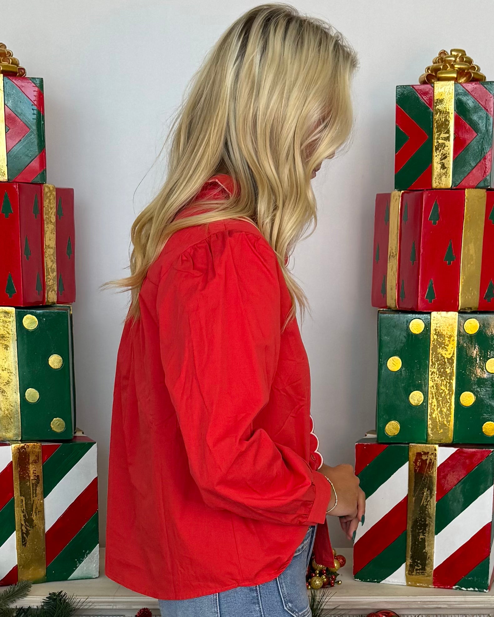 A Little Sweet Red Scallop Button Down Top-Shop-Womens-Boutique-Clothing