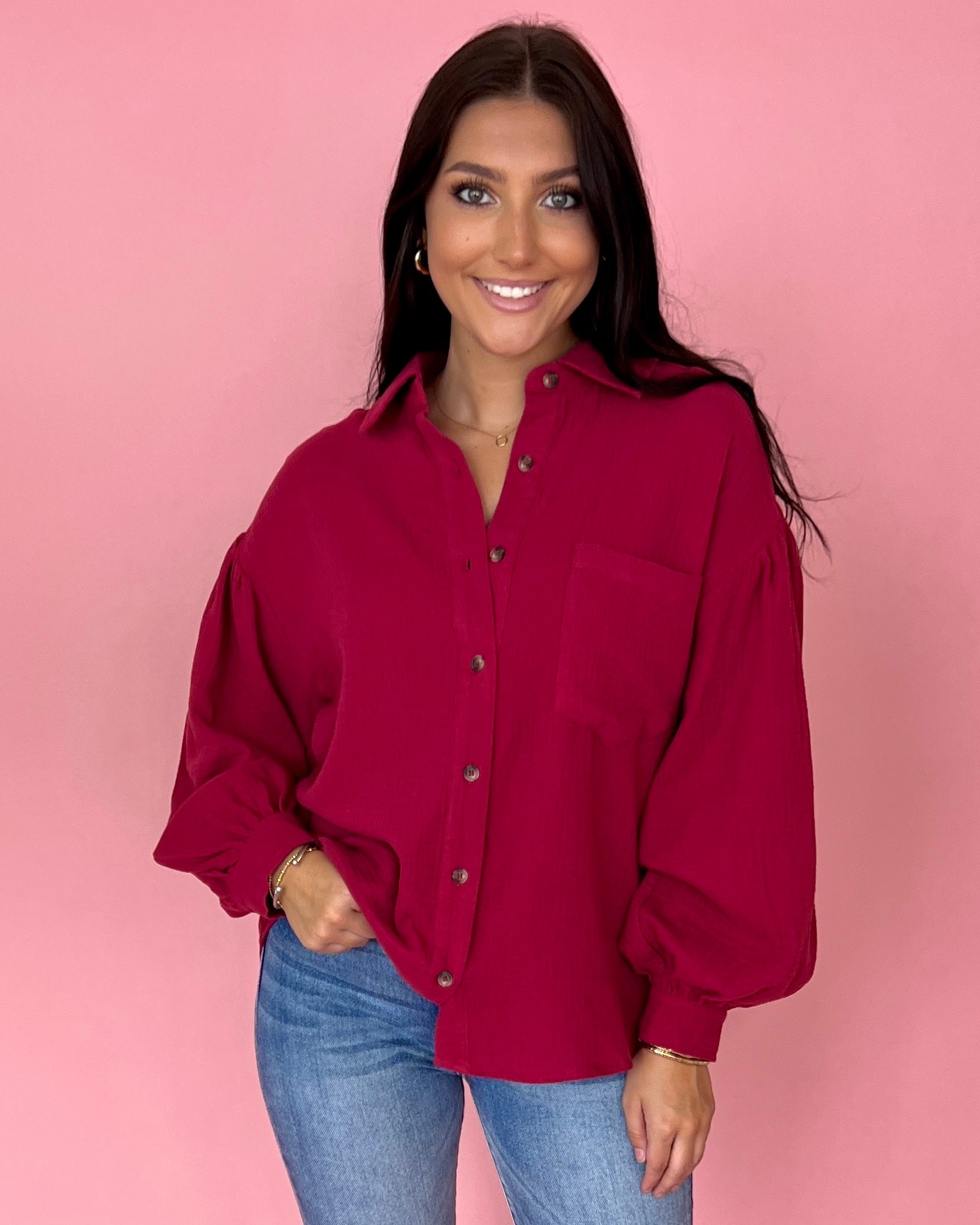 Down Memory Lane Plum Crinkle Gauze Button Down Top-Shop-Womens-Boutique-Clothing