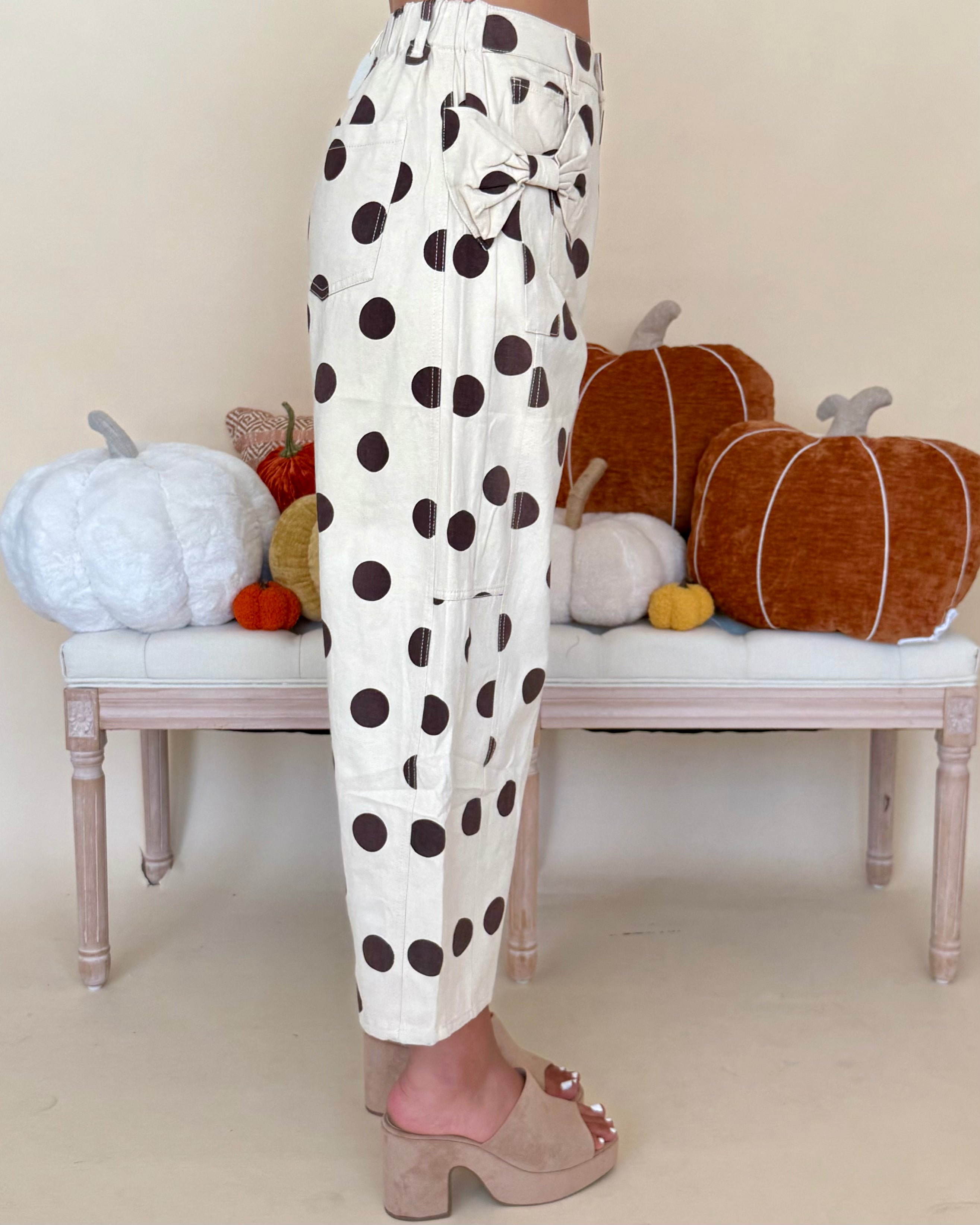 On The Mark Taupe Polkadot Bow Barrel Jeans-Shop-Womens-Boutique-Clothing