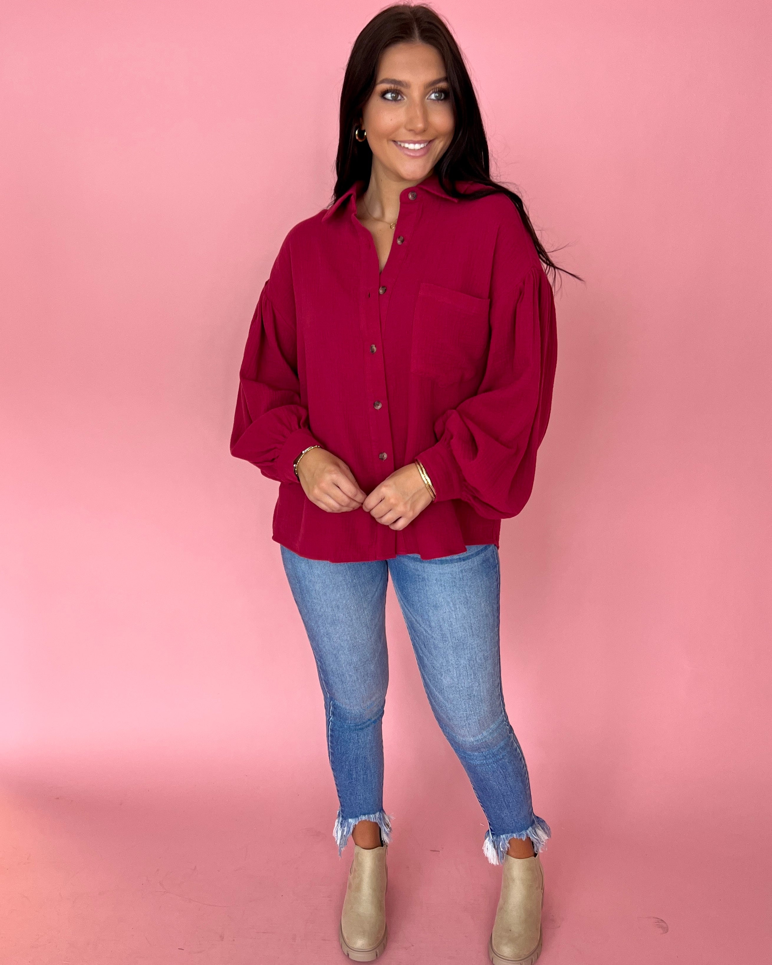 Down Memory Lane Plum Crinkle Gauze Button Down Top-Shop-Womens-Boutique-Clothing