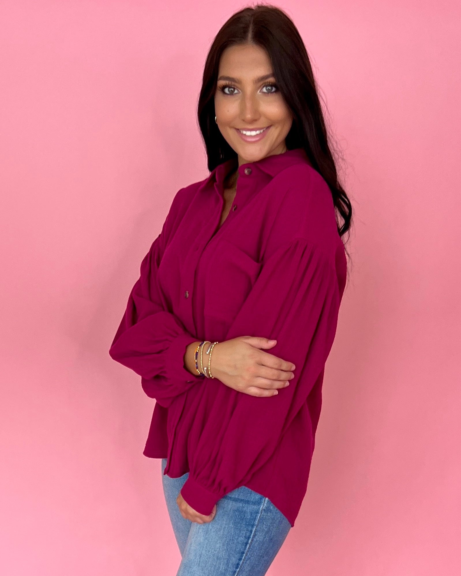Down Memory Lane Plum Crinkle Gauze Button Down Top-Shop-Womens-Boutique-Clothing