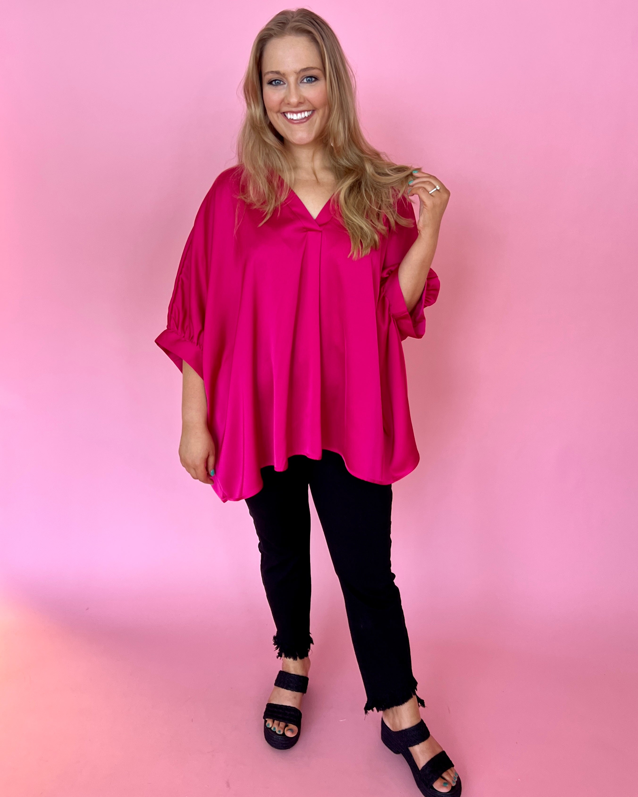 Spring Fling Fuchsia Plus Satin Dolman Sleeve Top-Shop-Womens-Boutique-Clothing