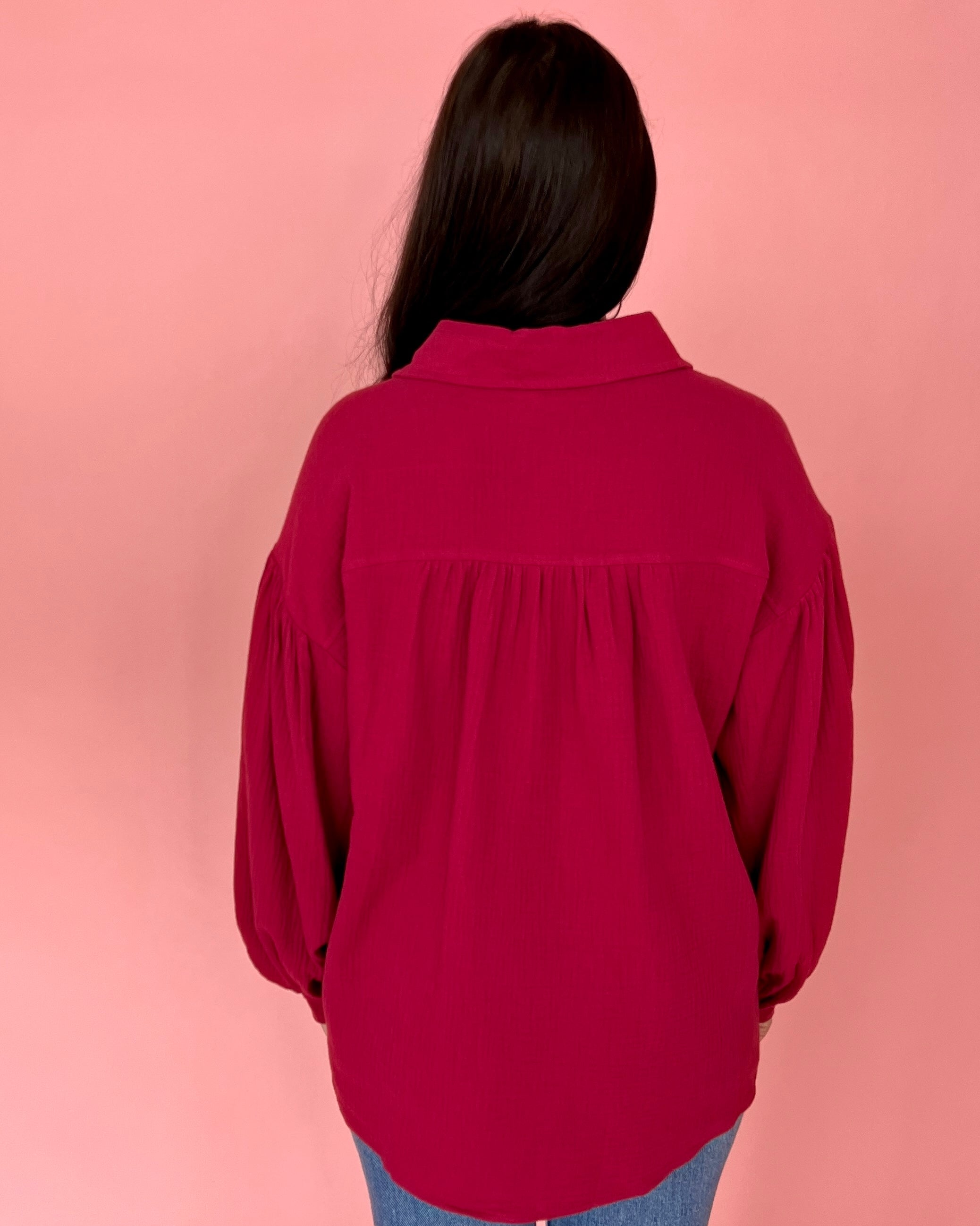 Down Memory Lane Plum Crinkle Gauze Button Down Top-Shop-Womens-Boutique-Clothing