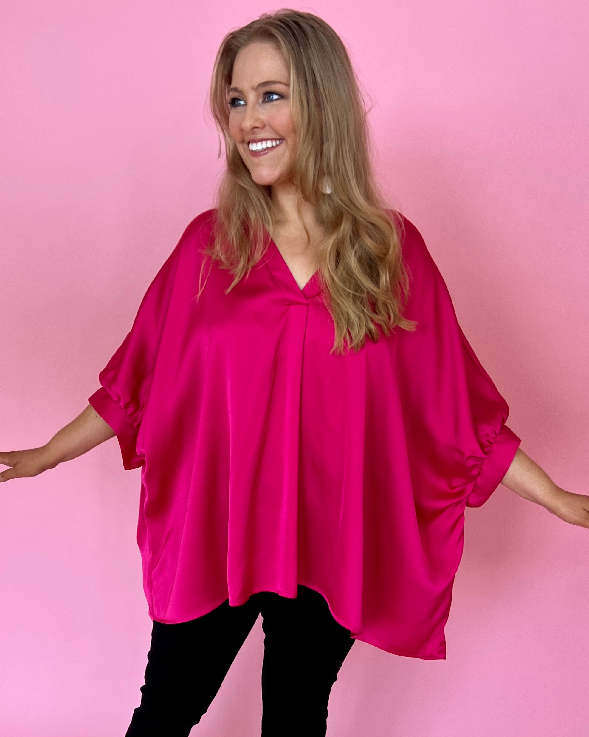Spring Fling Fuchsia Plus Satin Dolman Sleeve Top-Shop-Womens-Boutique-Clothing