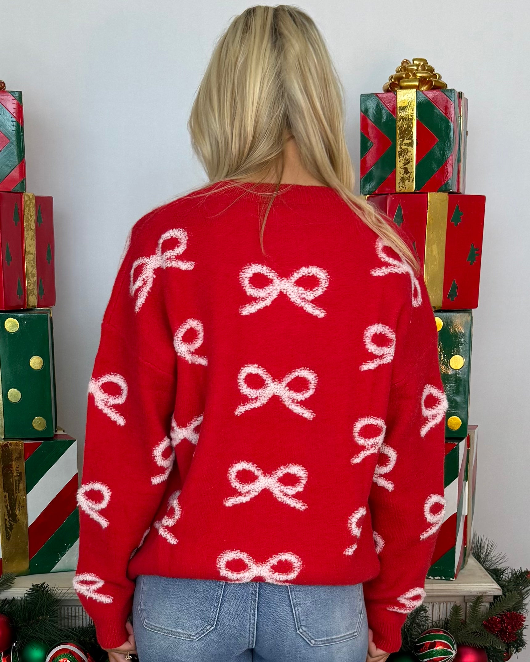 Very So Merry Red White Ribbon Bow Sweater-Shop-Womens-Boutique-Clothing