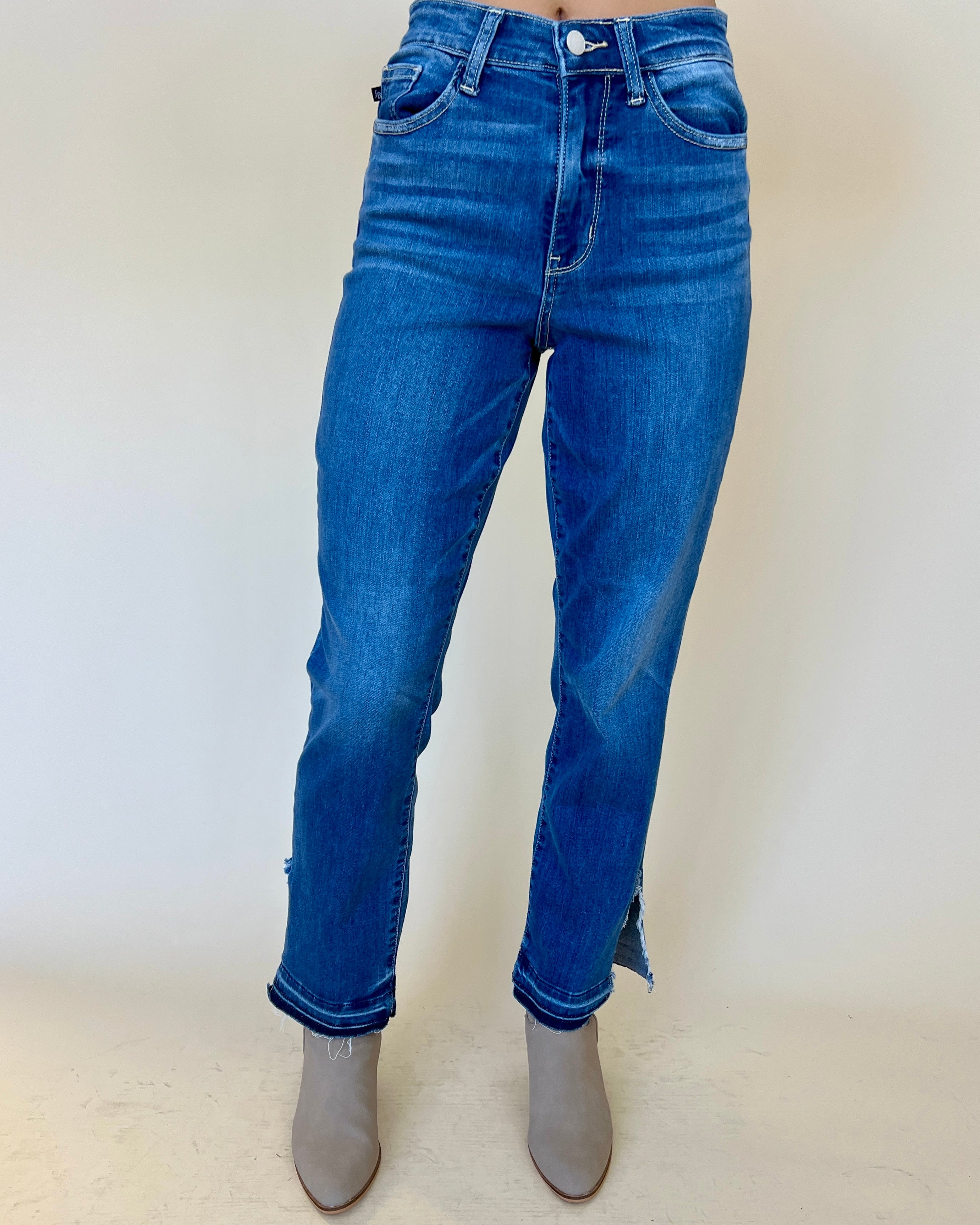 Long To Be Medium Denim High Waist Slit Hem Straight Jeans-Shop-Womens-Boutique-Clothing