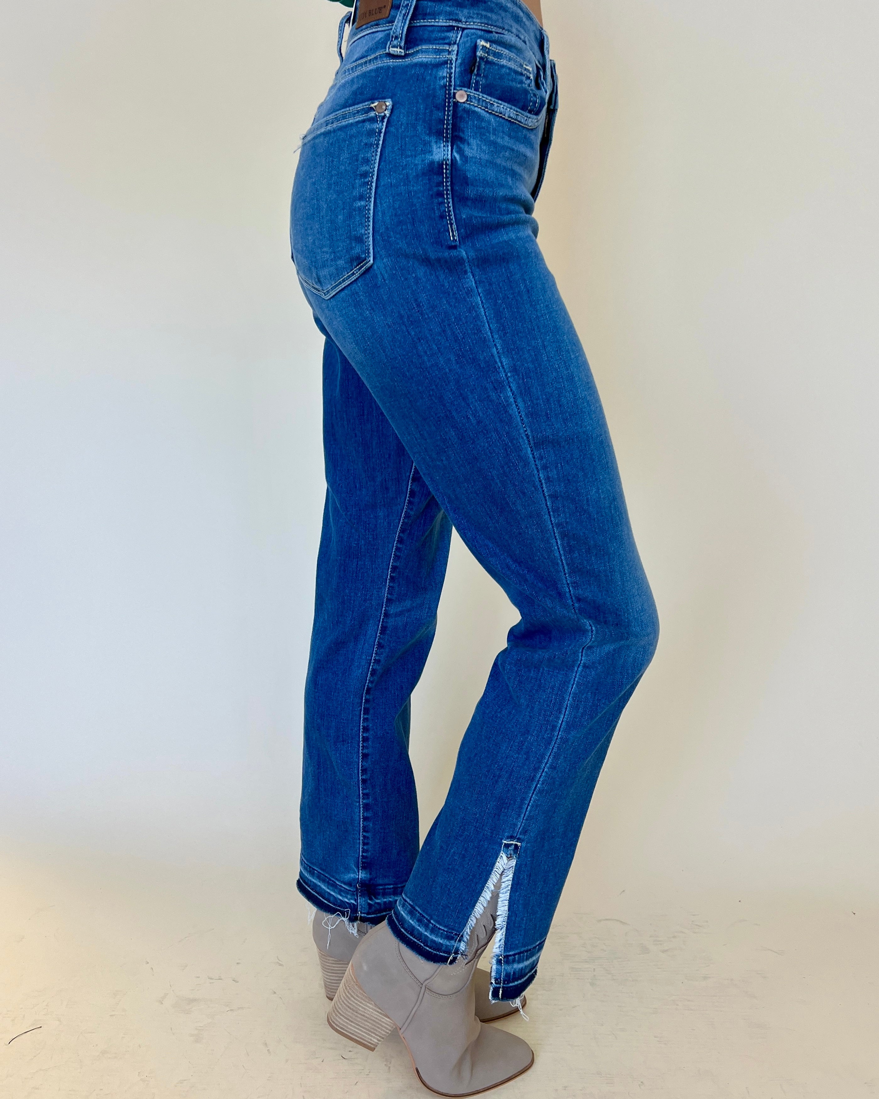 Long To Be Medium Denim High Waist Slit Hem Straight Jeans-Shop-Womens-Boutique-Clothing