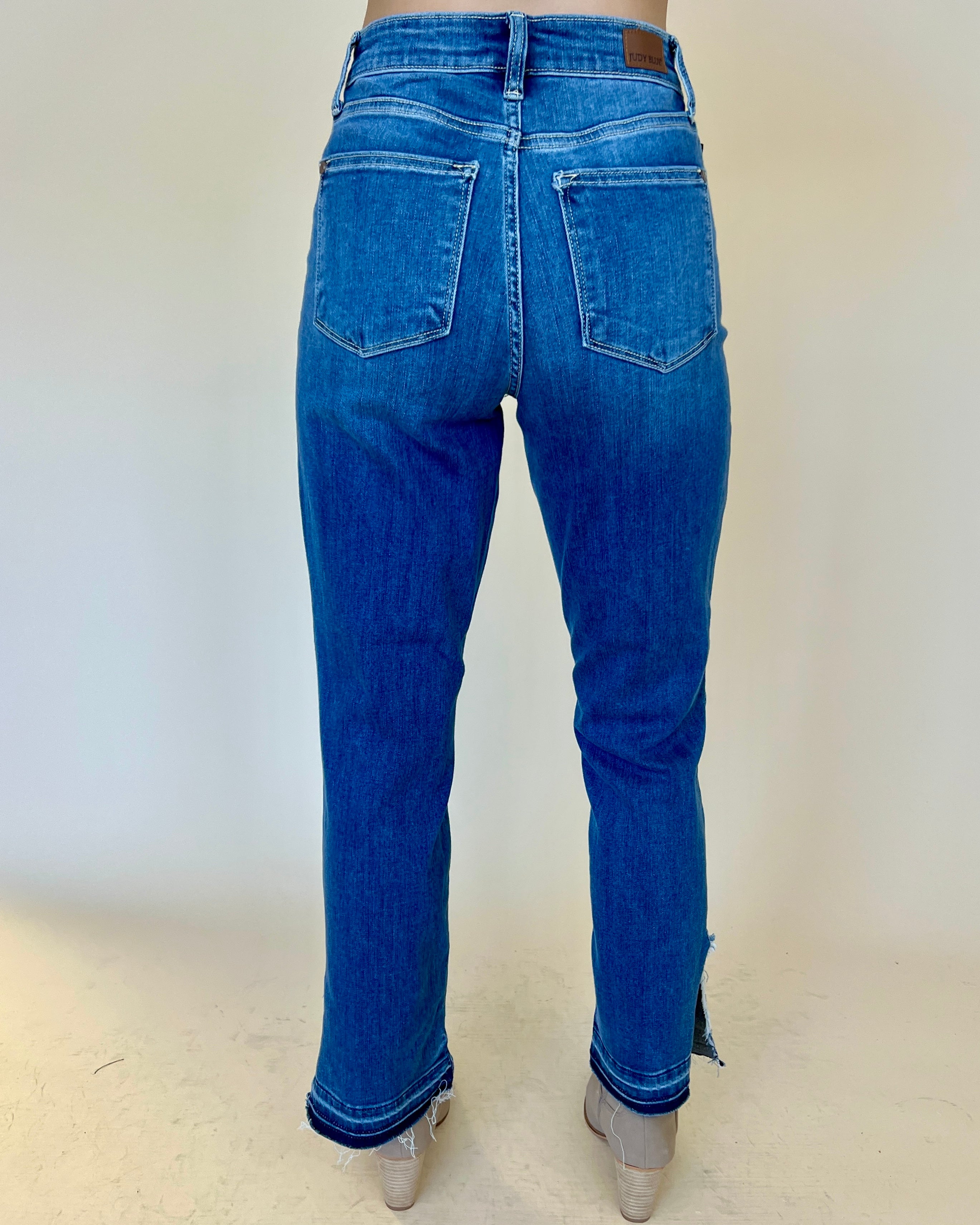 Long To Be Medium Denim High Waist Slit Hem Straight Jeans-Shop-Womens-Boutique-Clothing