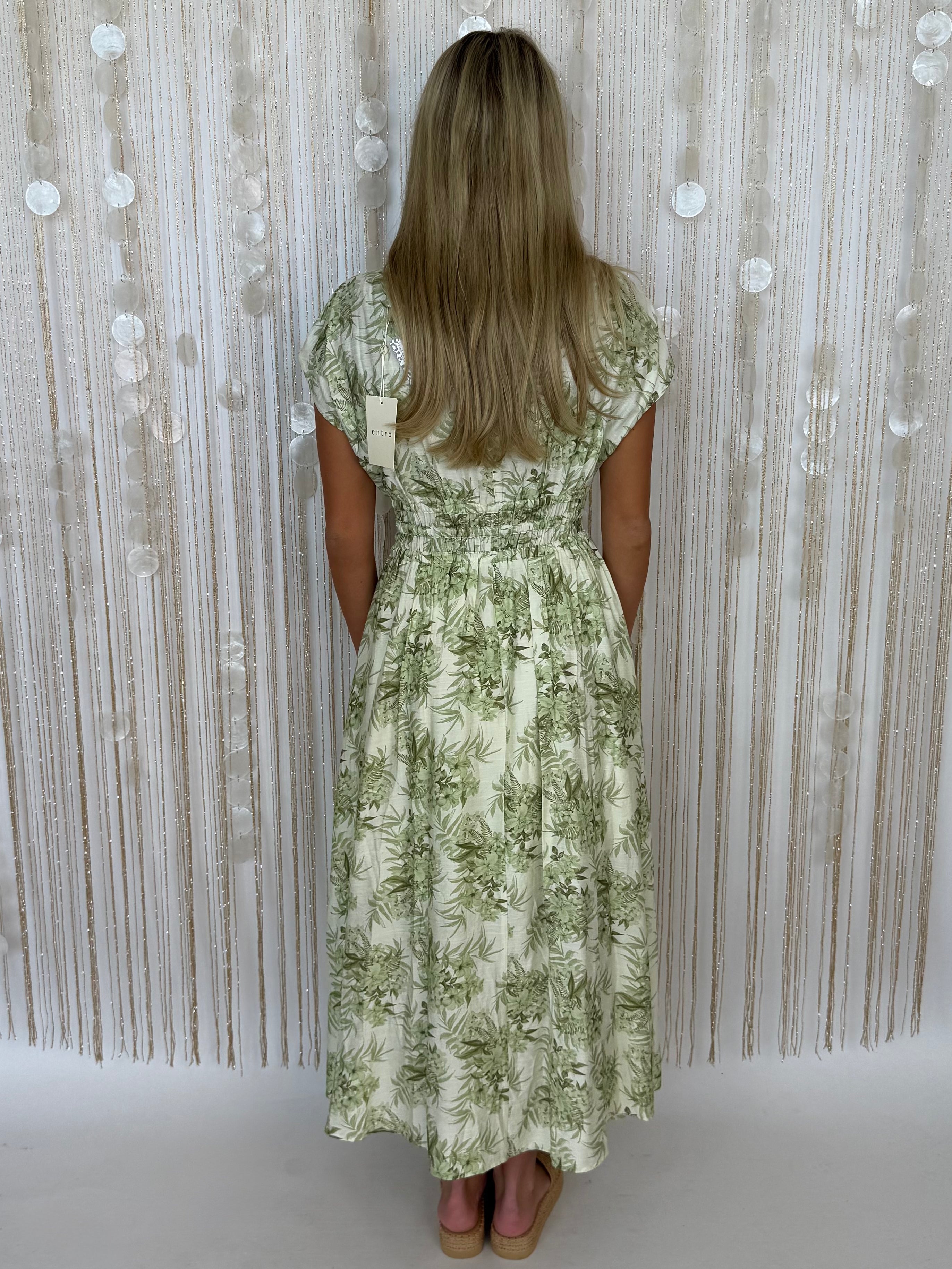 Gracefully Yours Ecru Olive Botanical Smocked Midi Dress-Shop-Womens-Boutique-Clothing