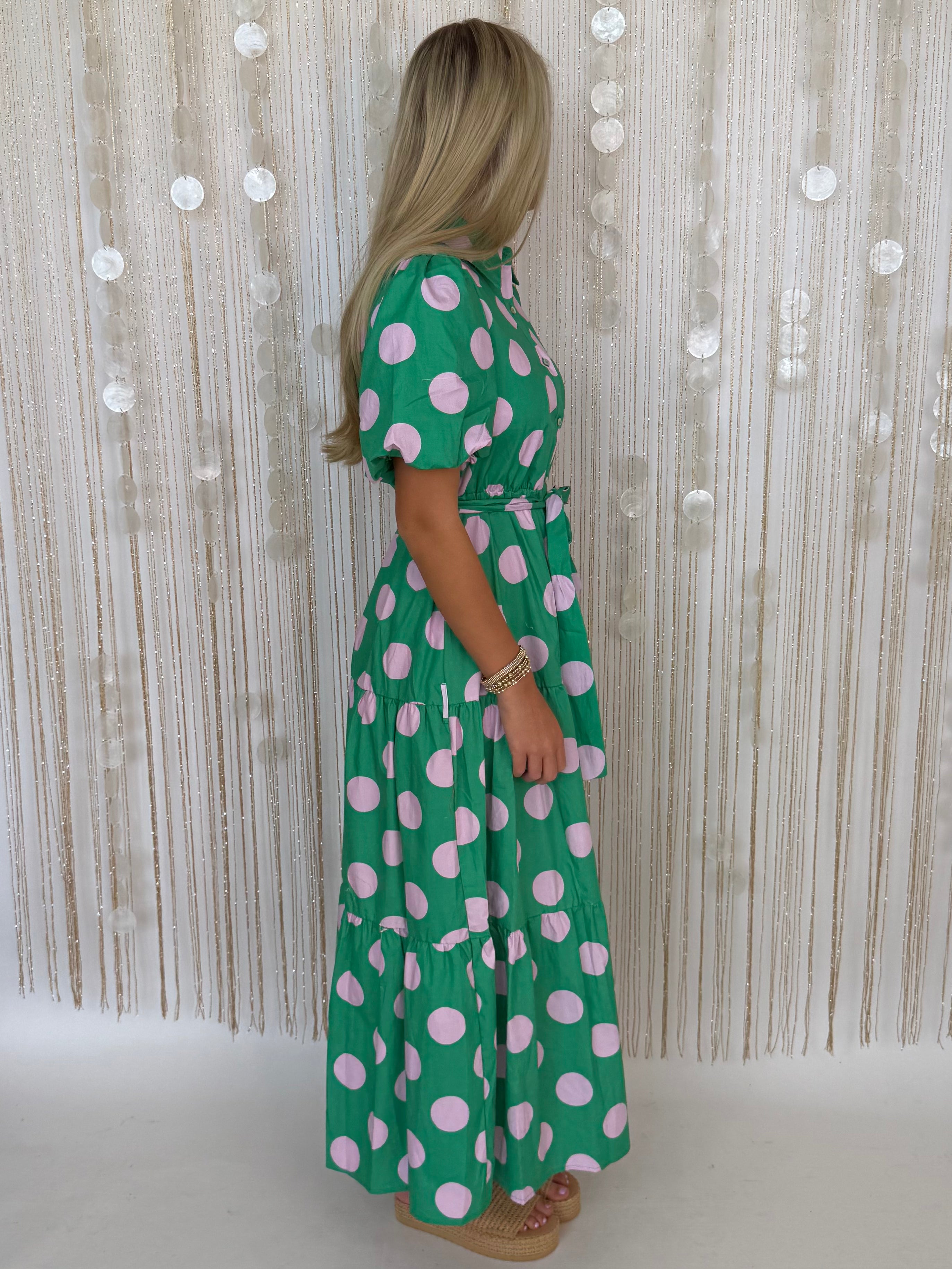 Sleek Statement Green/Pink Poplin Polka Dot Puff Sleeve Maxi Dress-Shop-Womens-Boutique-Clothing
