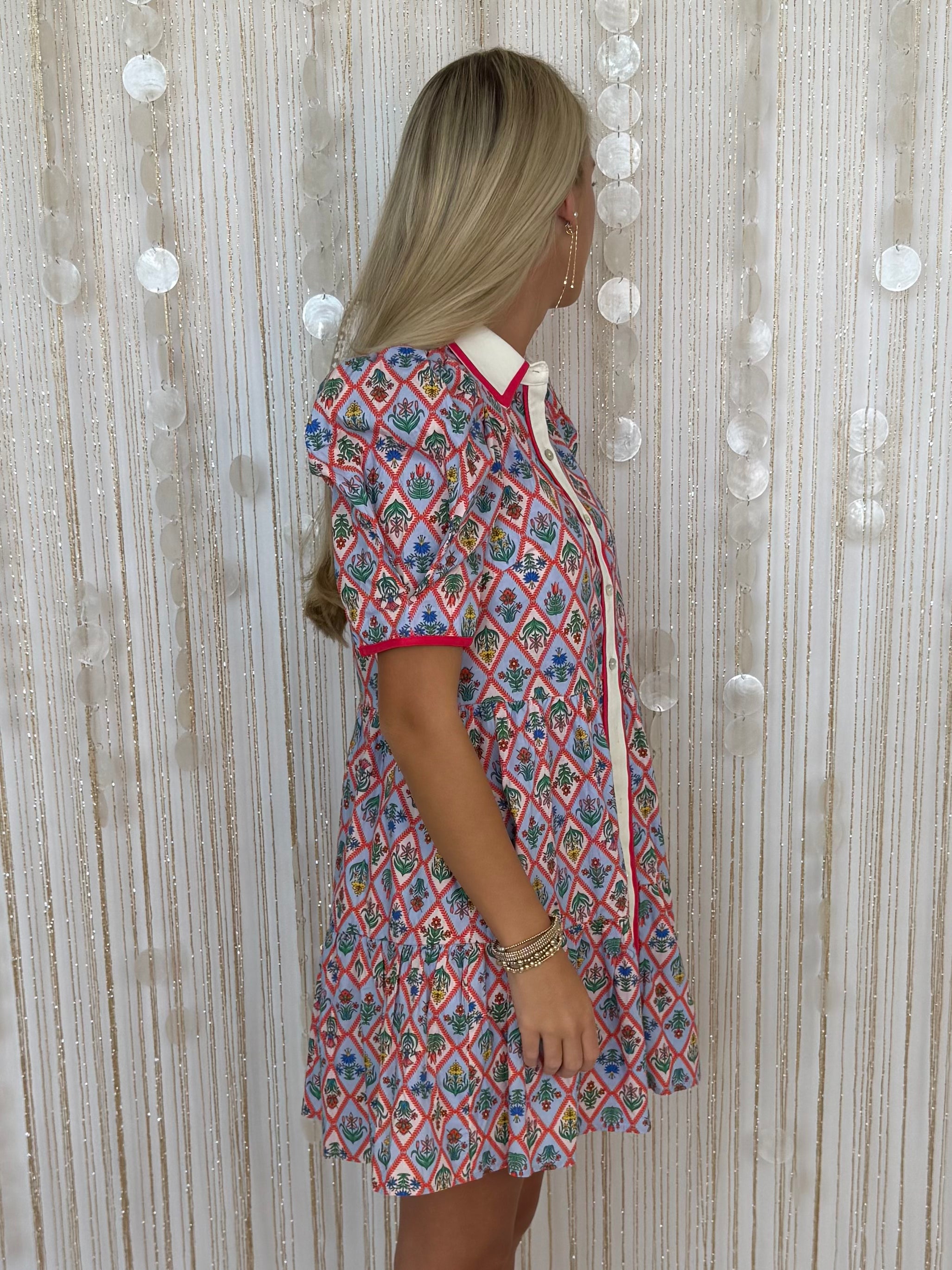 Always Flattering Blue Combo Botanical Print Puff Sleeve Dress-Shop-Womens-Boutique-Clothing