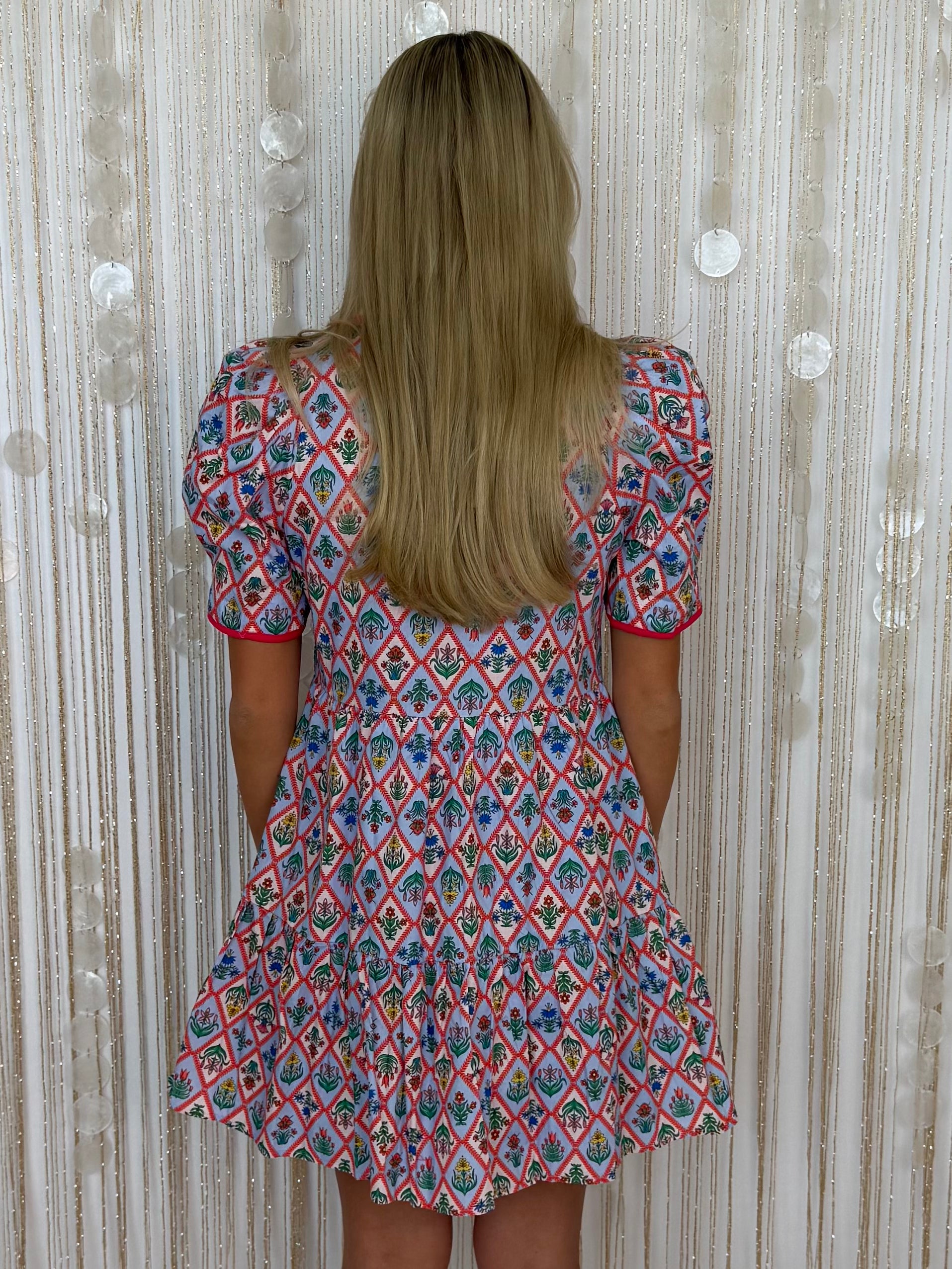 Always Flattering Blue Combo Botanical Print Puff Sleeve Dress-Shop-Womens-Boutique-Clothing