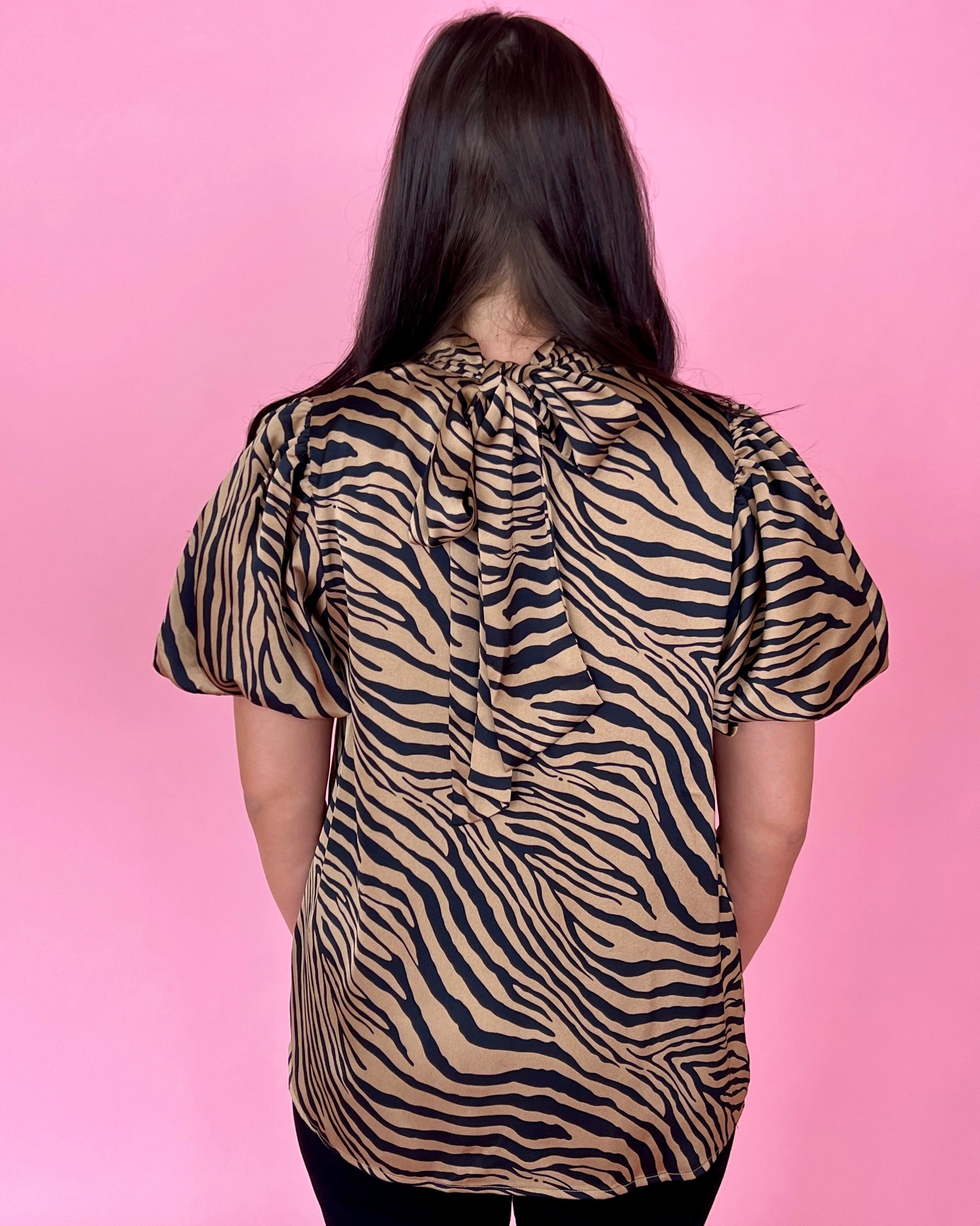 Get Going Chocolate Zebra High Neck Satin Top-Shop-Womens-Boutique-Clothing