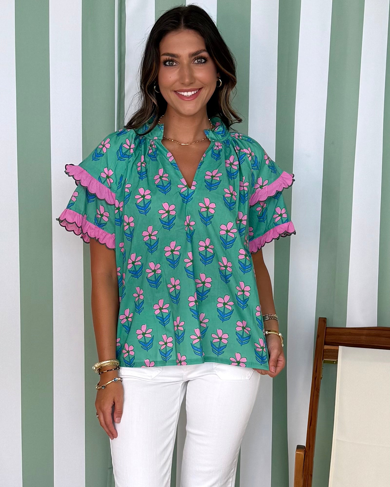 Serving Sweetness Green Floral Scallop Flutter Top-Shop-Womens-Boutique-Clothing