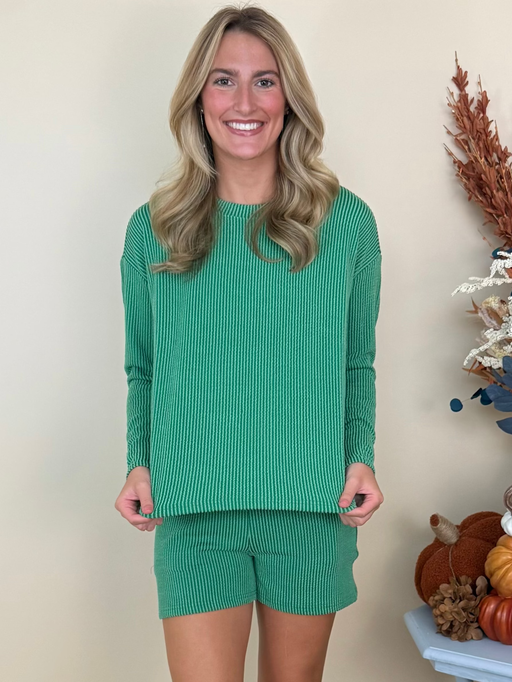 Everyday Luxe Forest Raised Rib Long Sleeve and Shorts Set-Shop-Womens-Boutique-Clothing