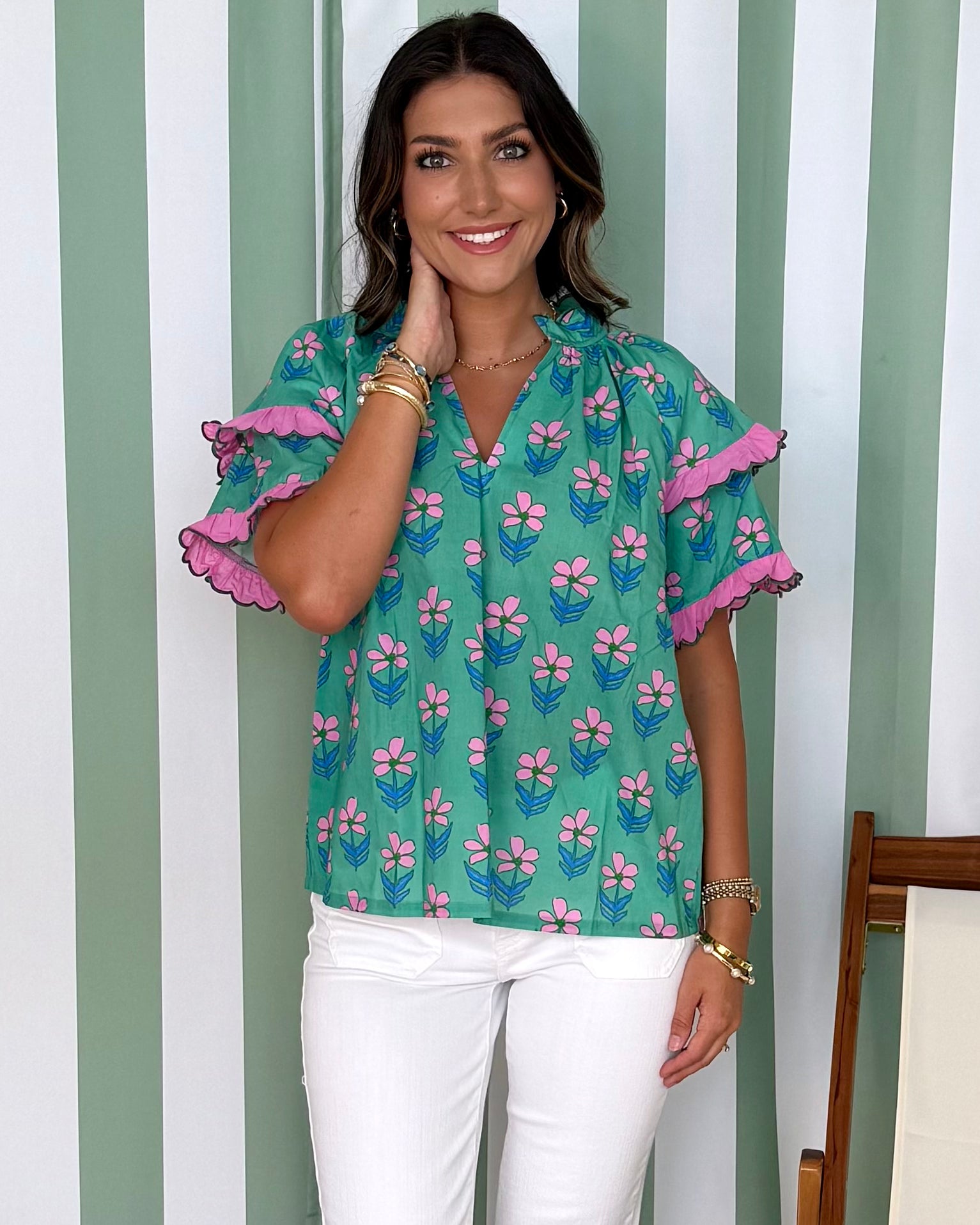 Serving Sweetness Green Floral Scallop Flutter Top-Shop-Womens-Boutique-Clothing