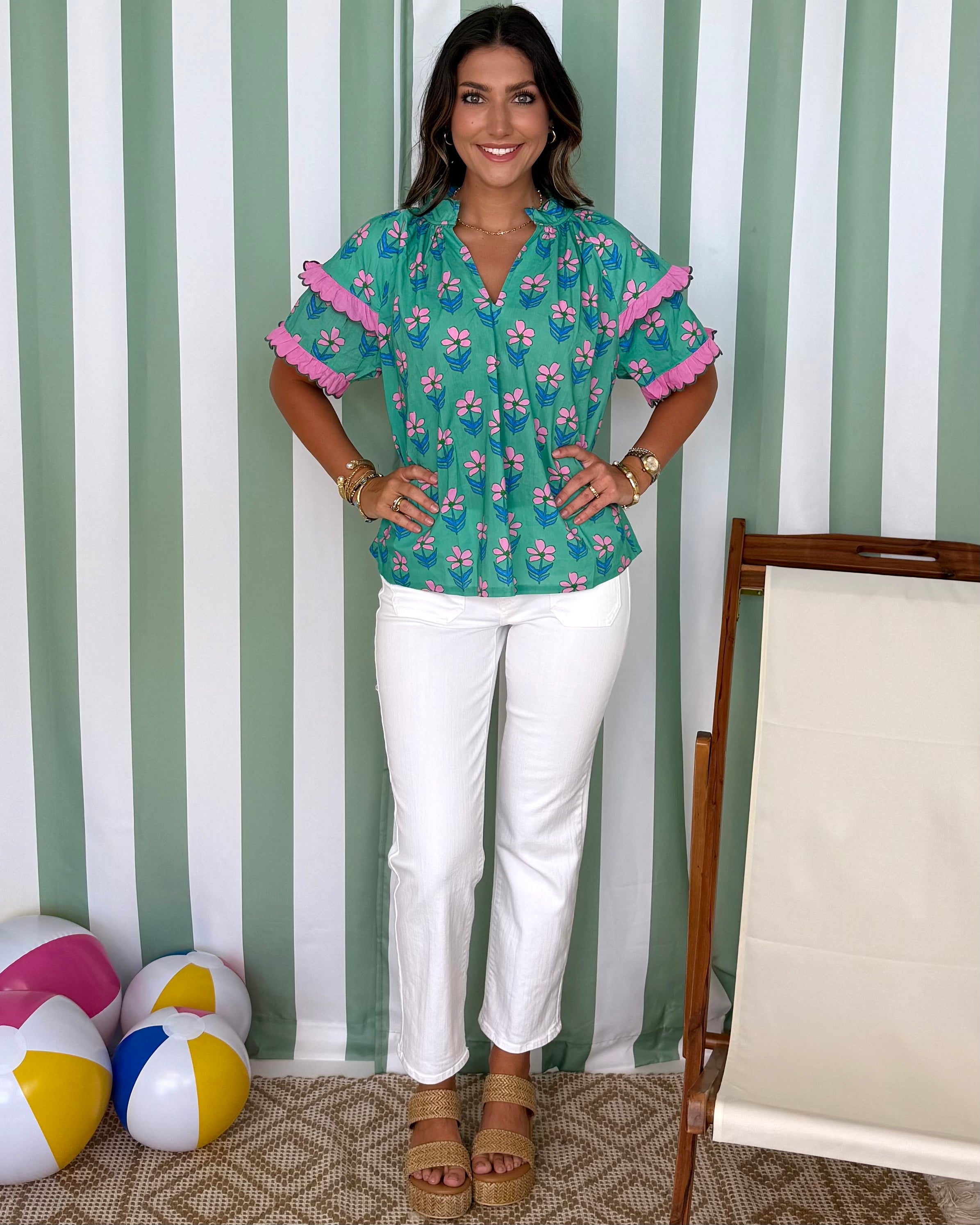 Serving Sweetness Green Floral Scallop Flutter Top-Shop-Womens-Boutique-Clothing