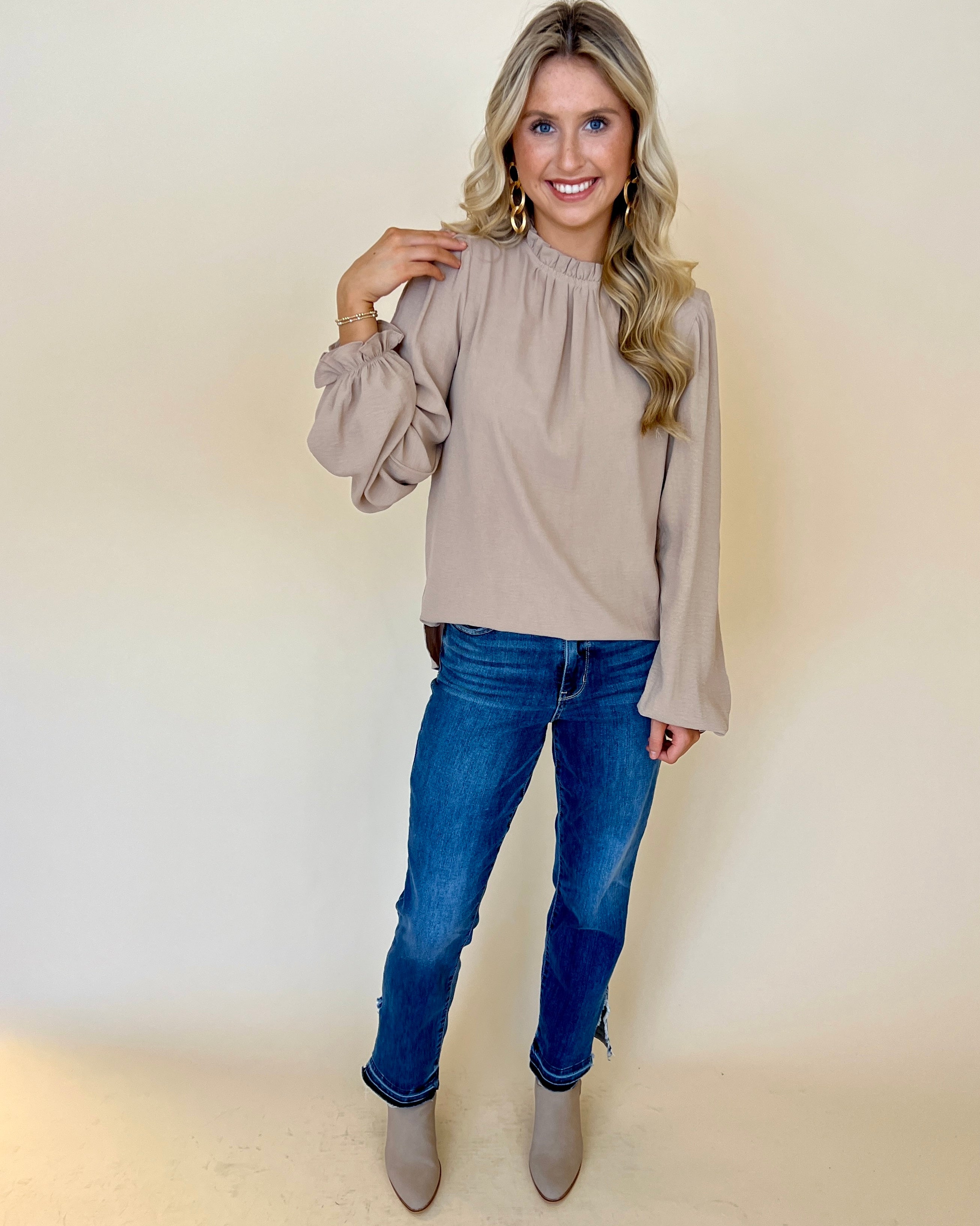 Just Right Champagne Ruffle Top-Shop-Womens-Boutique-Clothing