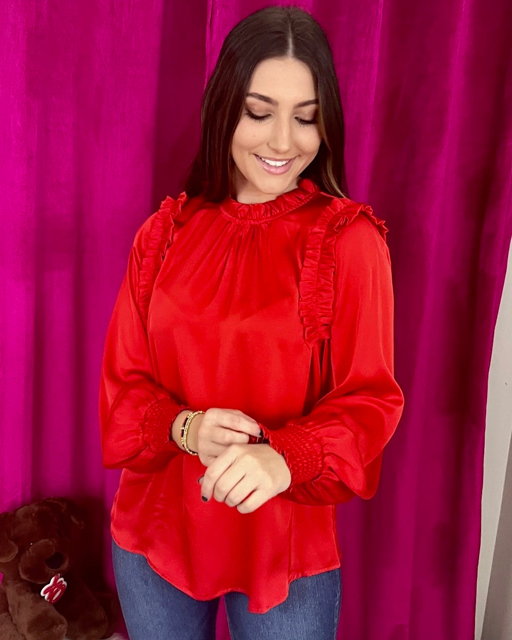 So Lovely Red Satin Ruffle Top-Shop-Womens-Boutique-Clothing