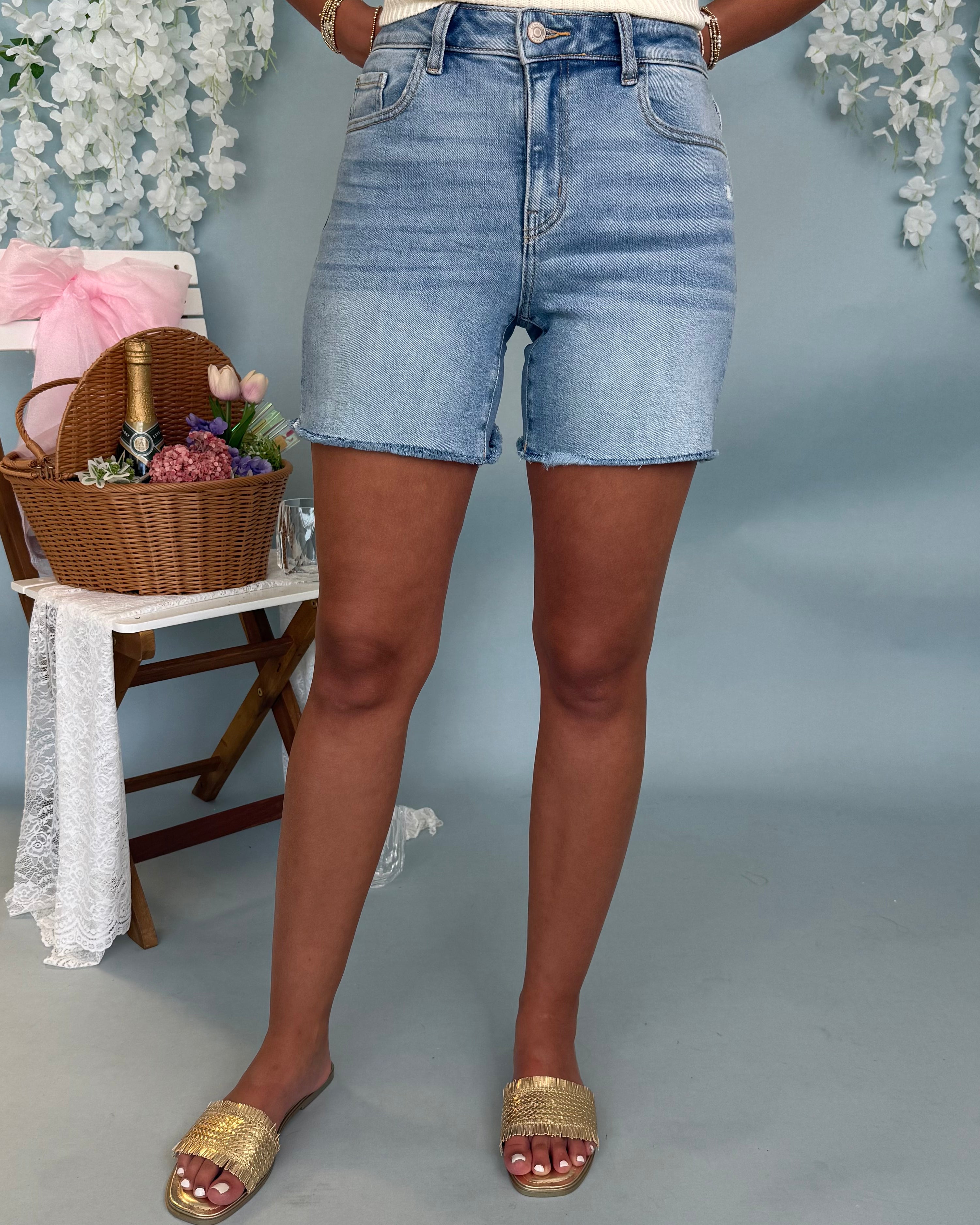 Simple Style Light Denim Raw Hem Shorts-Shop-Womens-Boutique-Clothing