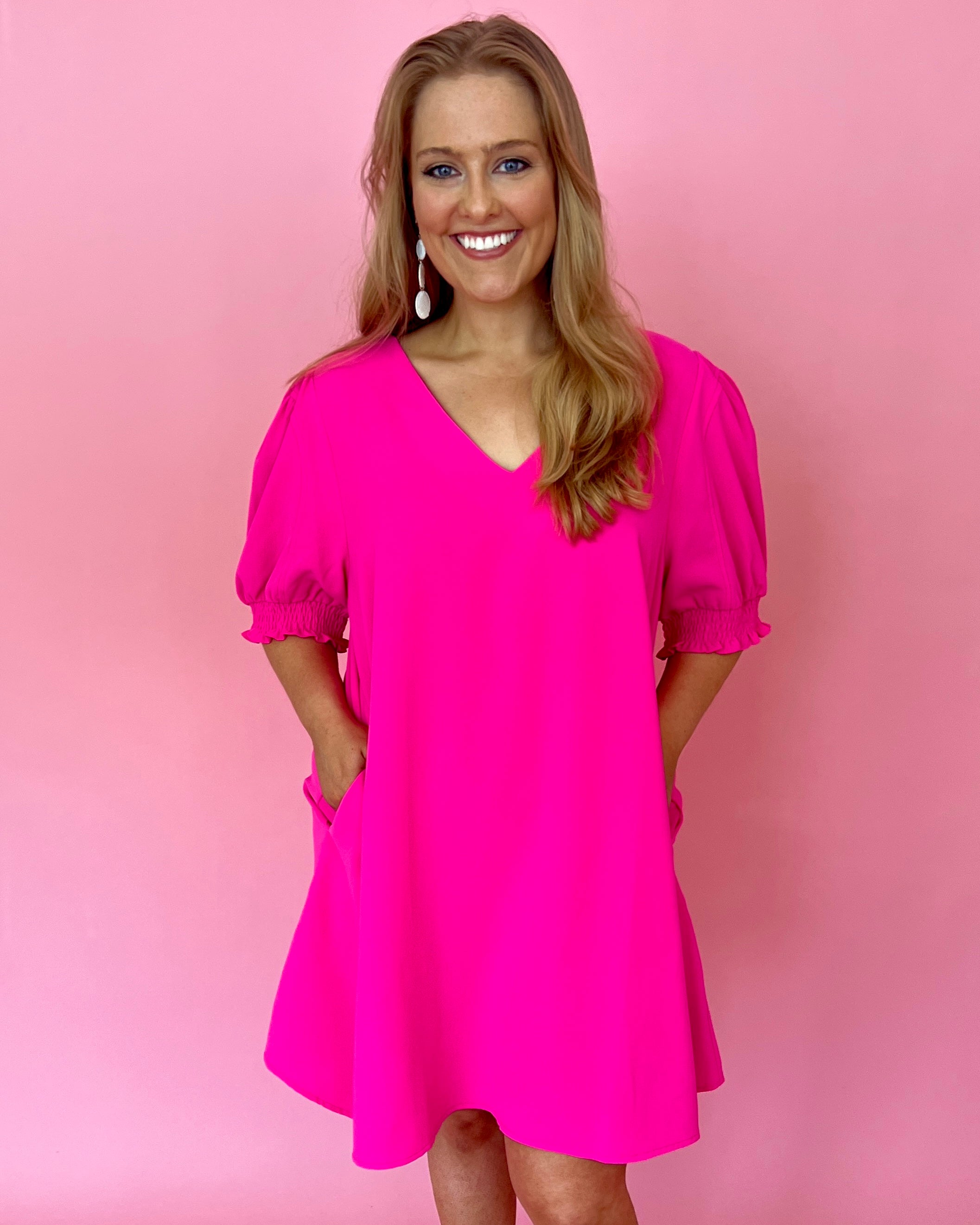 This Is What You Came For Hot Pink Plus V-neck Dress-Shop-Womens-Boutique-Clothing