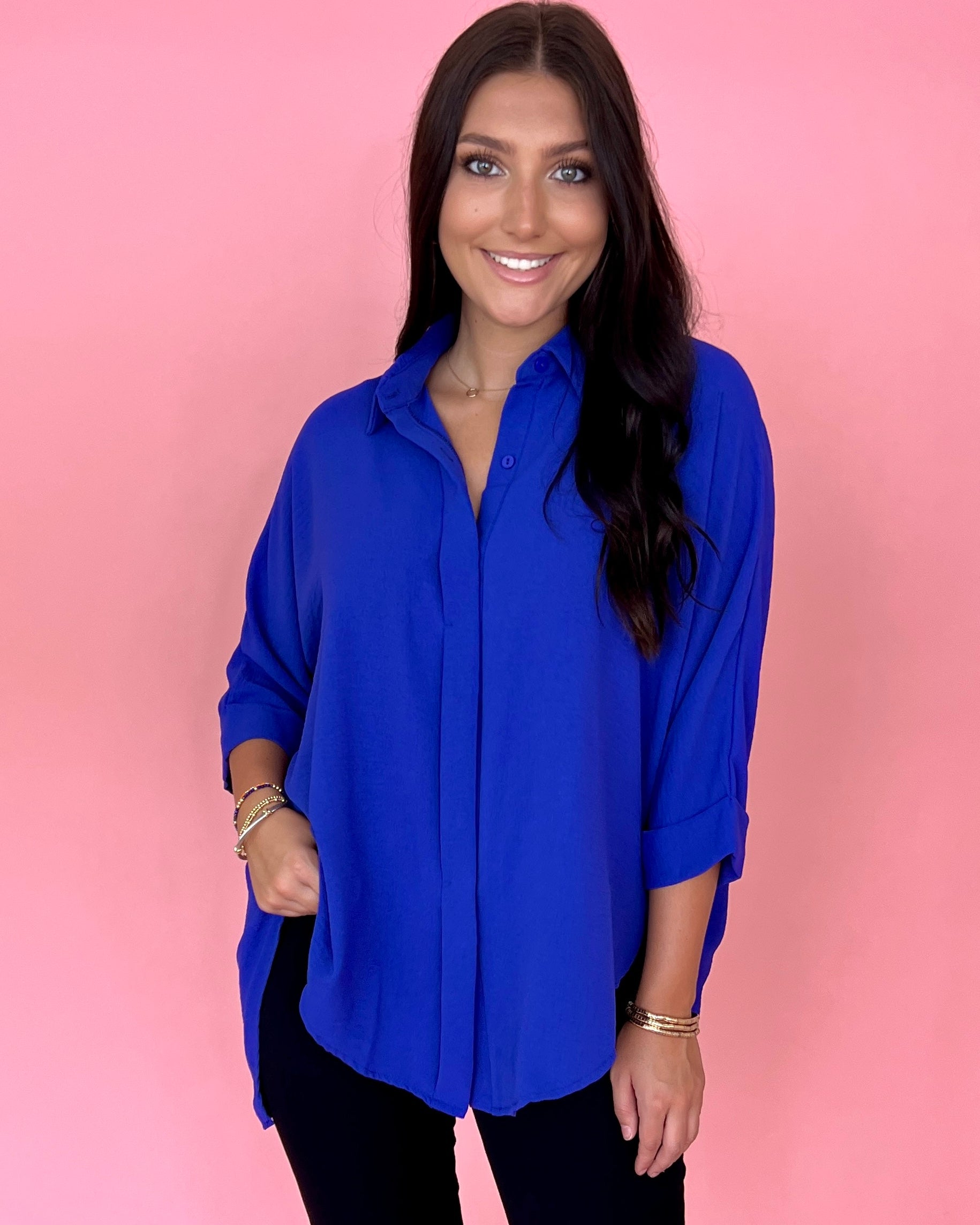 Never Letting Go Blue Purple Oversized Dolman Sleeve Collared Top-Shop-Womens-Boutique-Clothing