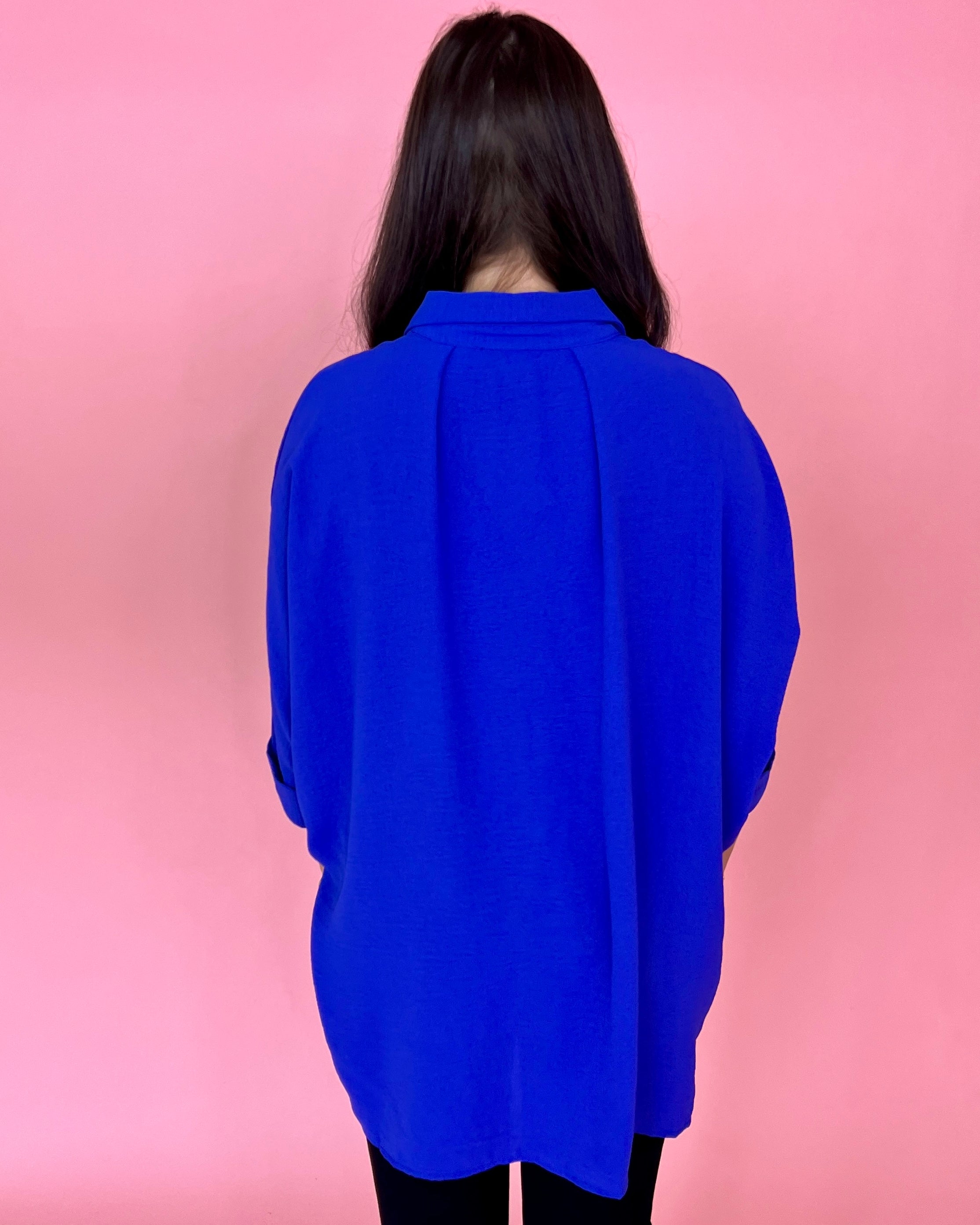 Never Letting Go Blue Purple Oversized Dolman Sleeve Collared Top-Shop-Womens-Boutique-Clothing