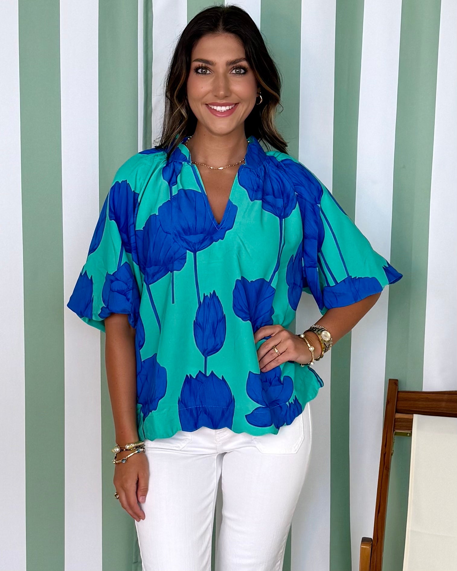Coastal Stroll Jade/Blue Floral Scalloped Top-Shop-Womens-Boutique-Clothing