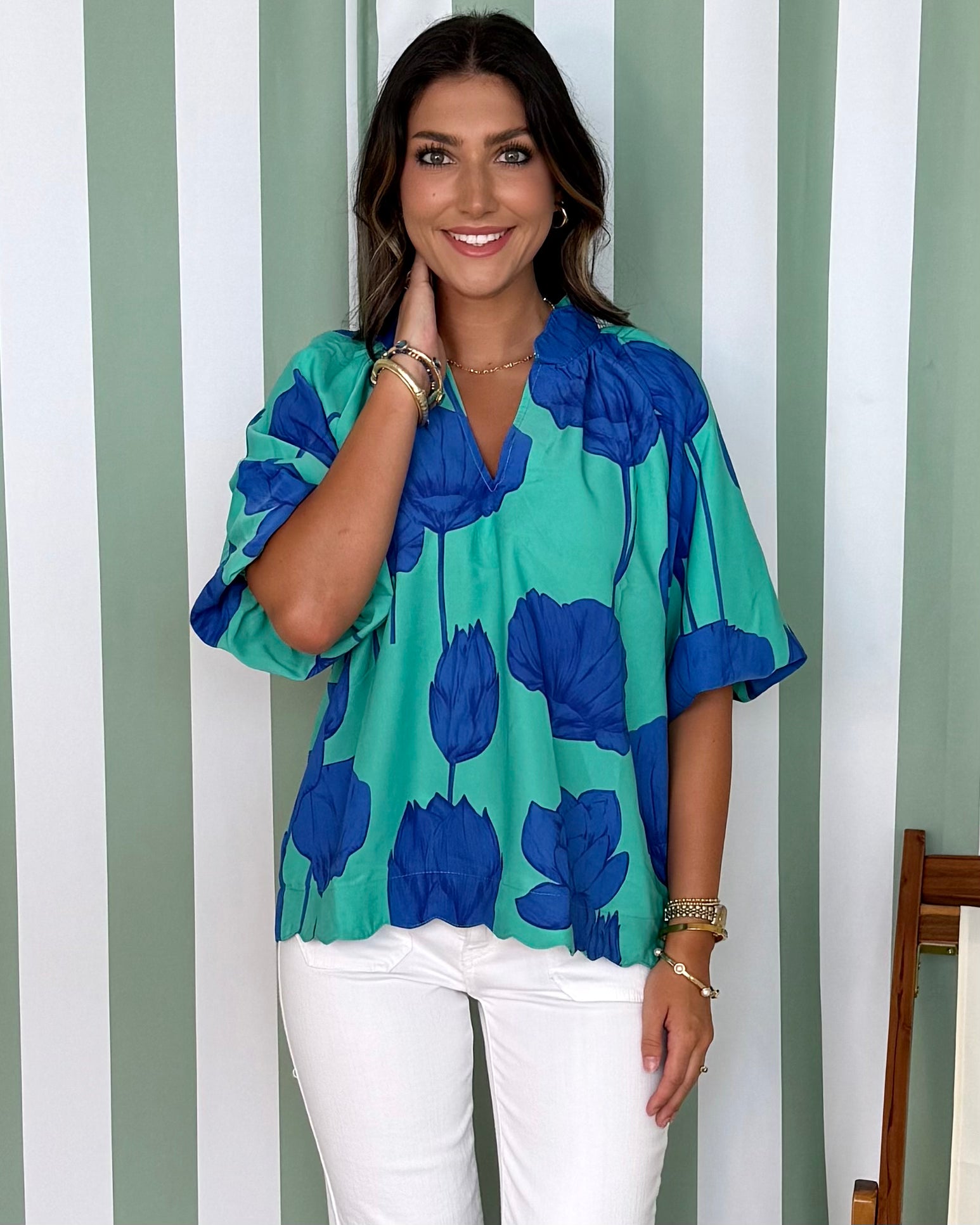 Coastal Stroll Jade/Blue Floral Scalloped Top-Shop-Womens-Boutique-Clothing