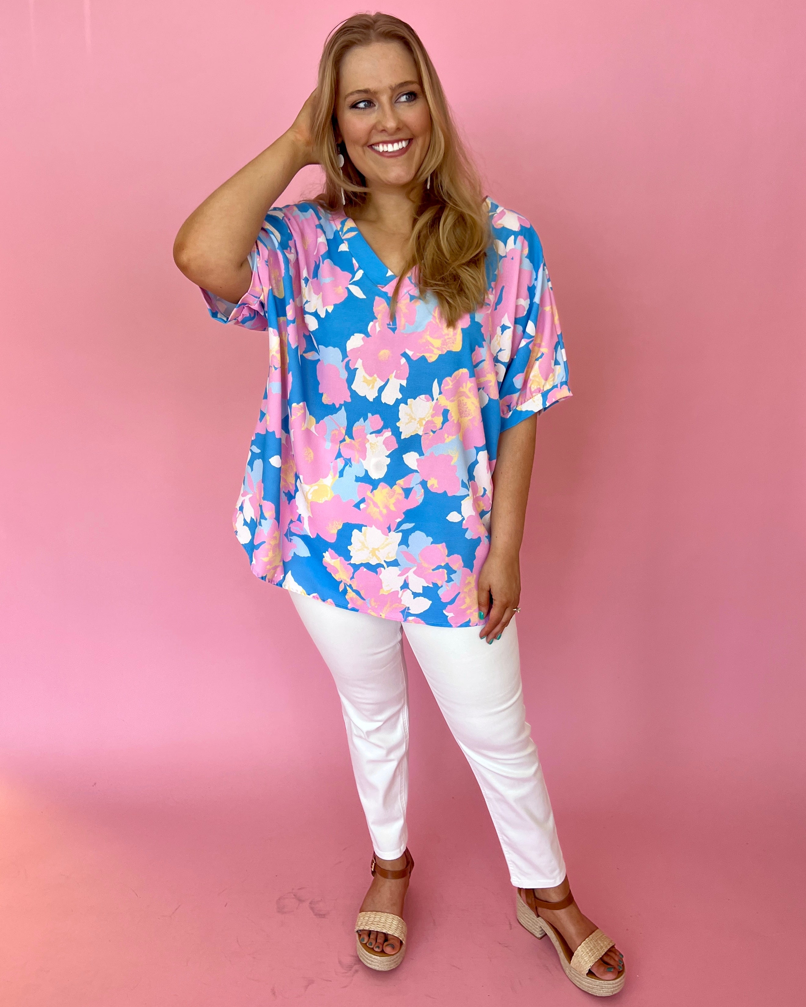 Comes And Goes Blue Plus Floral Print V-neck Top-Shop-Womens-Boutique-Clothing