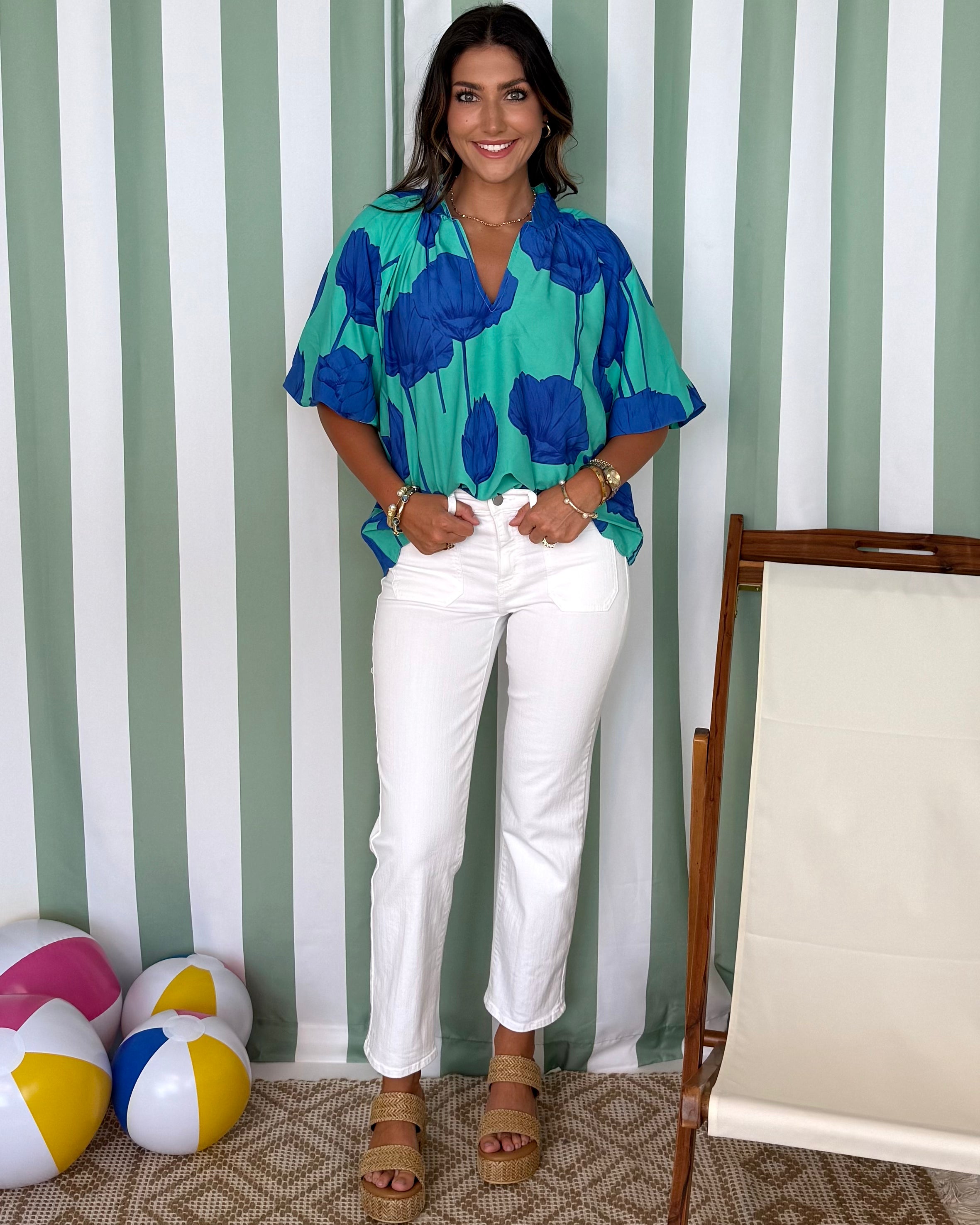 Coastal Stroll Jade/Blue Floral Scalloped Top-Shop-Womens-Boutique-Clothing