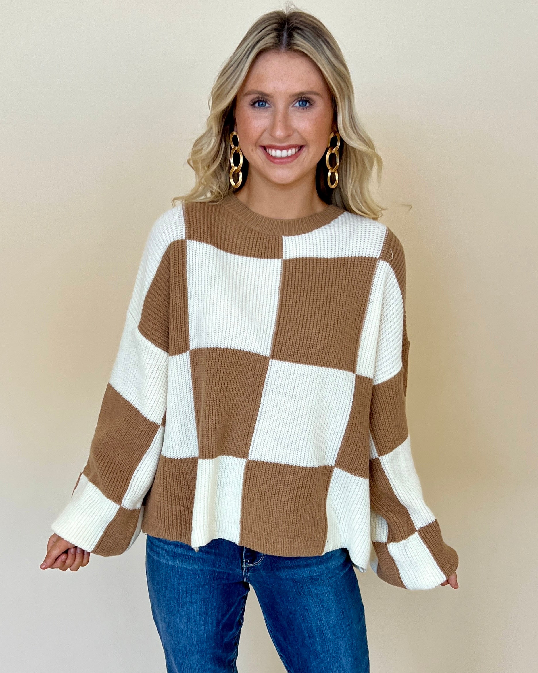 Checkmate Wood Checkered Sweater-Shop-Womens-Boutique-Clothing