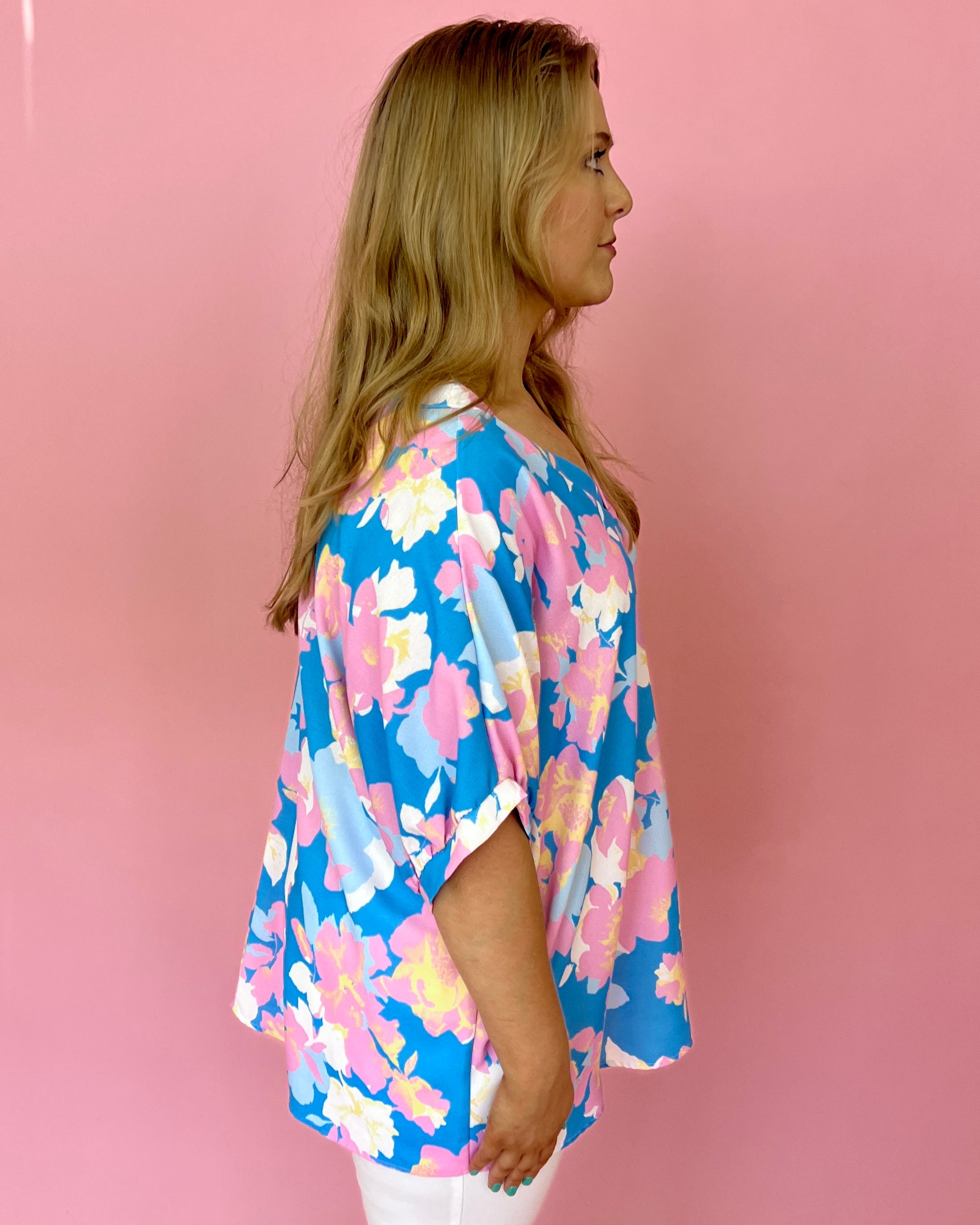 Comes And Goes Blue Plus Floral Print V-neck Top-Shop-Womens-Boutique-Clothing