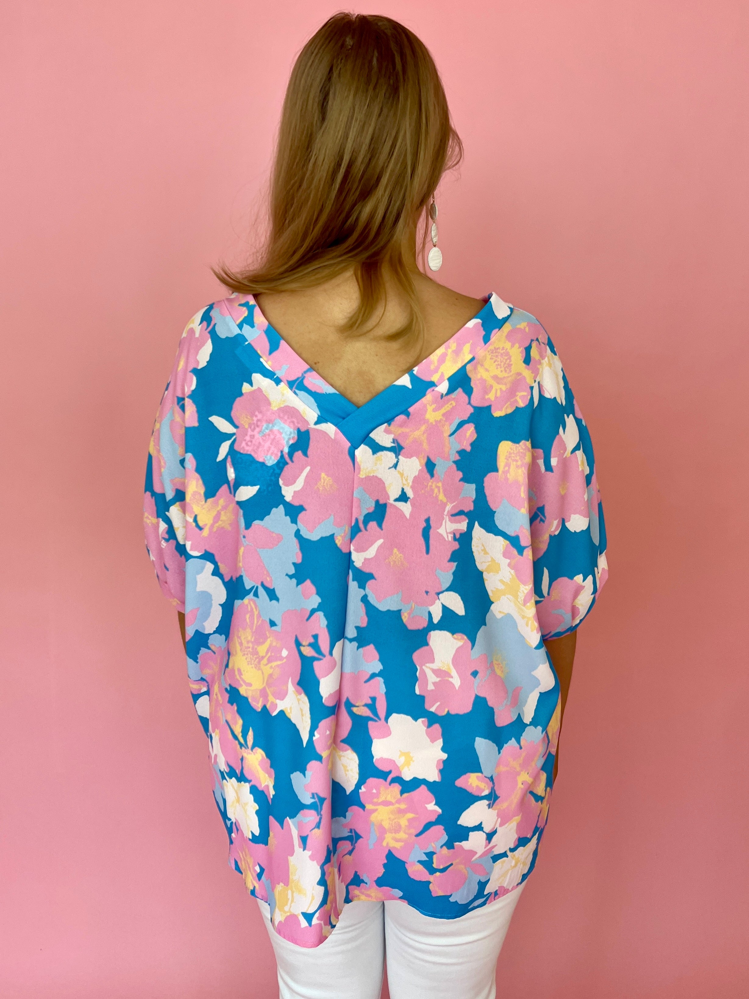 Comes And Goes Blue Plus Floral Print V-neck Top-Shop-Womens-Boutique-Clothing