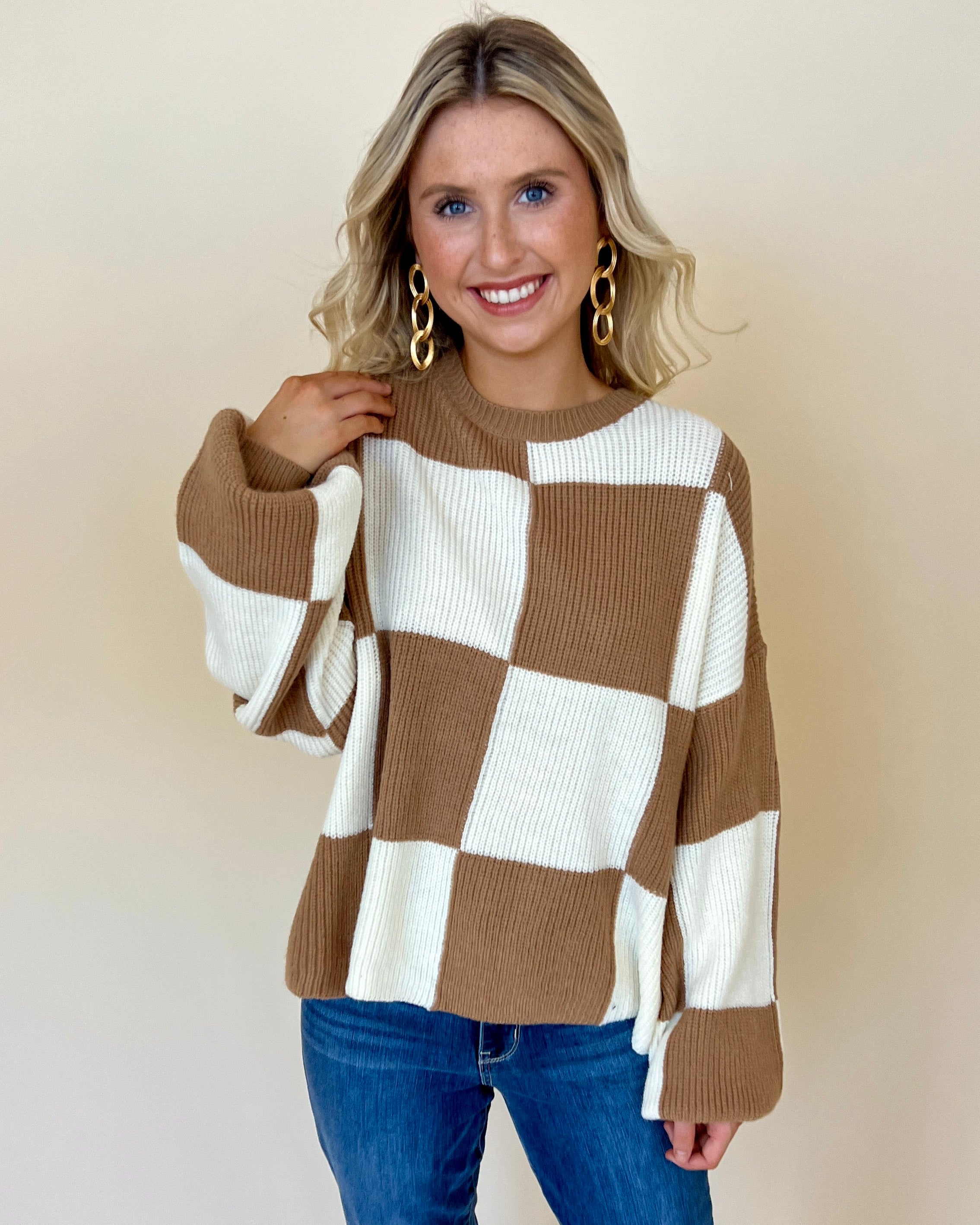 Checkmate Wood Checkered Sweater-Shop-Womens-Boutique-Clothing
