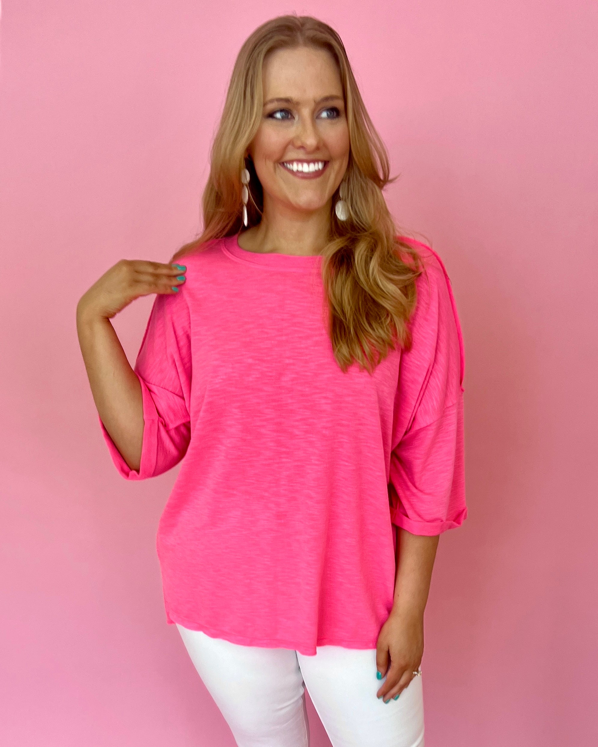 Having Mixed Feelings Neon Pink Plus Two Tone French Terry Top-Shop-Womens-Boutique-Clothing